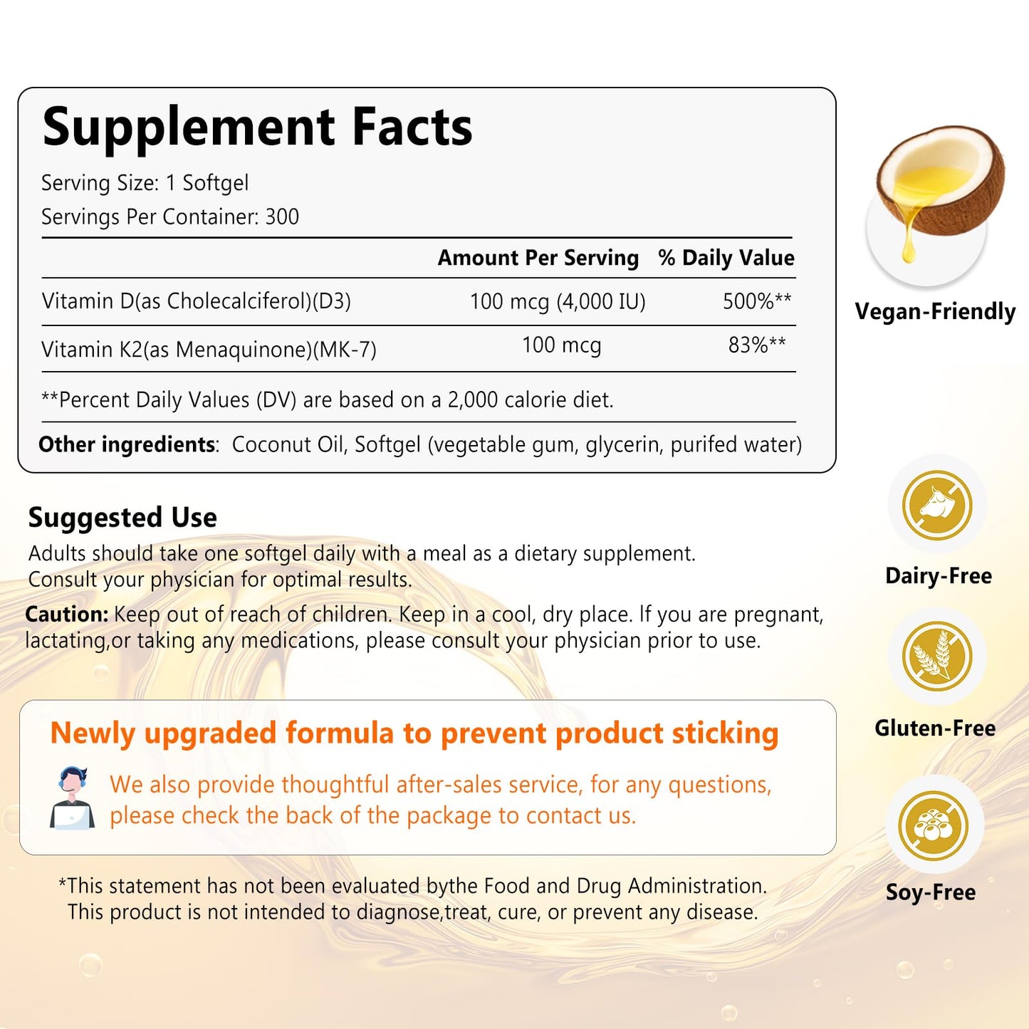 VEV Vitamin D3 K2 4000 IU, 100 mcg MK-7 with Coconut Oil Softgels, 300 Count