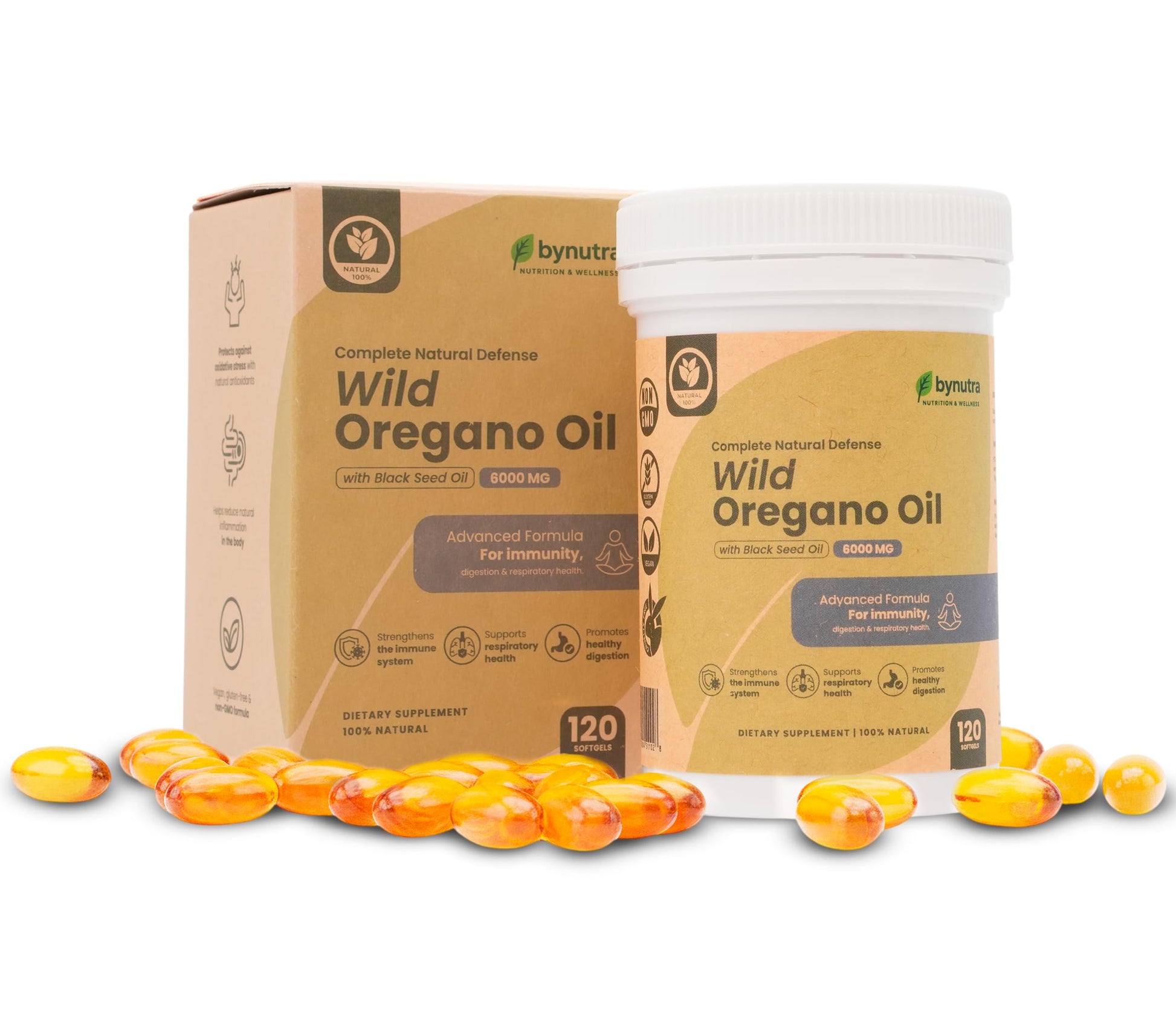BYNUTRA Wild Oregano Oil with Black Seed Oil Organic 6000 mg Capsules, 60 Count