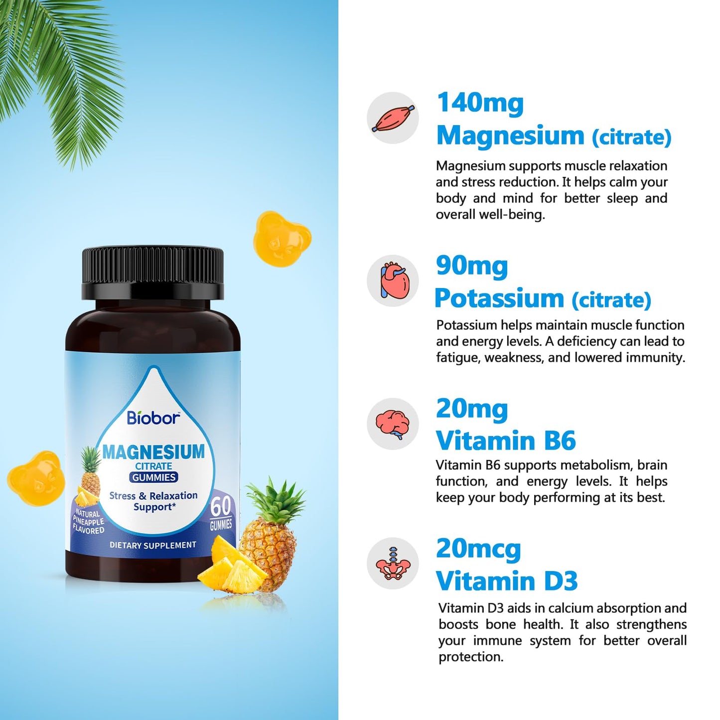 Biobor Potassium Magnesium Citrate Gummies, with Vitamin D3 and B6, Electrolyte Balance & Muscle Support, Stress Relaxation Support, 60 Gummies