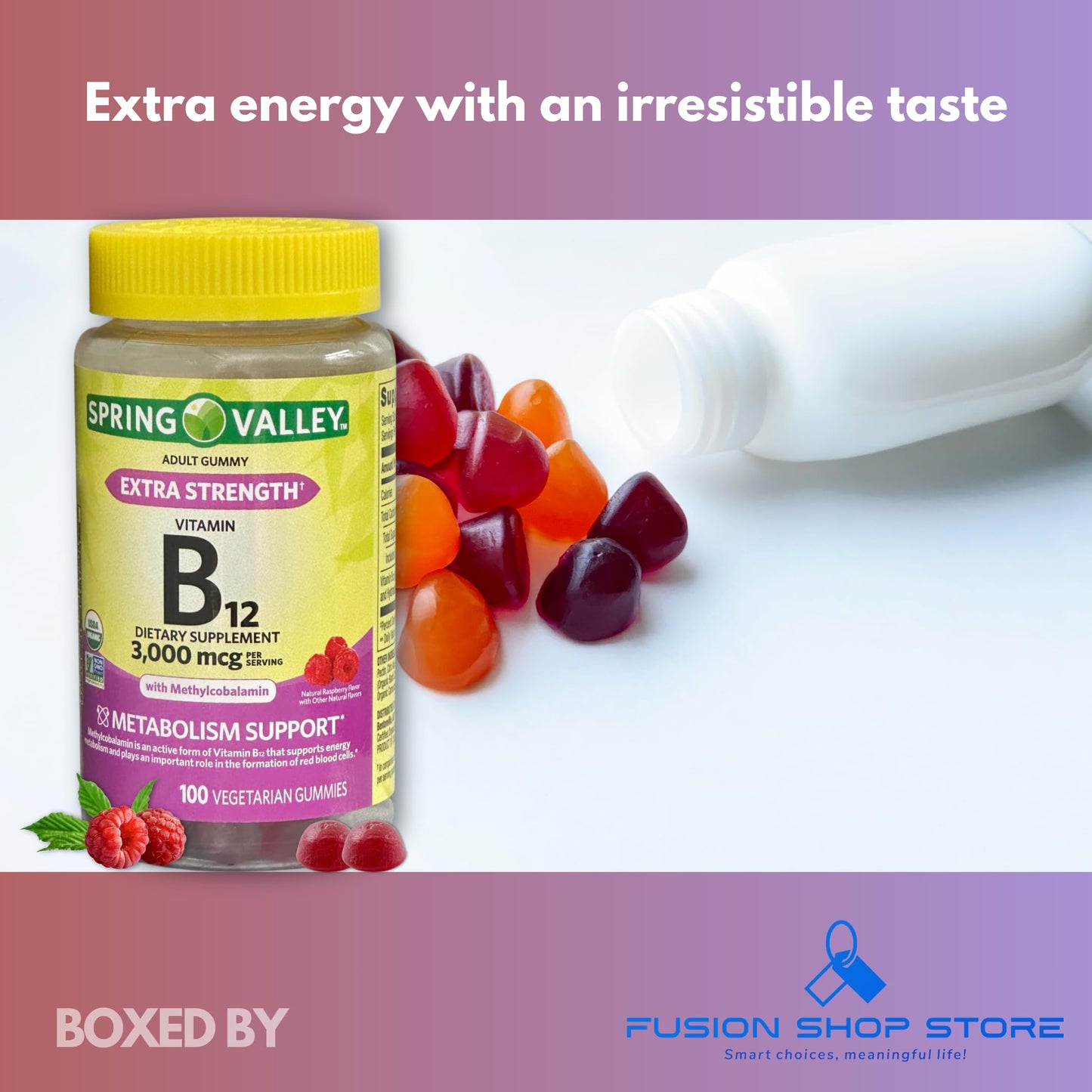 Fusion Shop Store Vitamin B12 Gummies 3,000 mcg Extra Strength, 100 Count