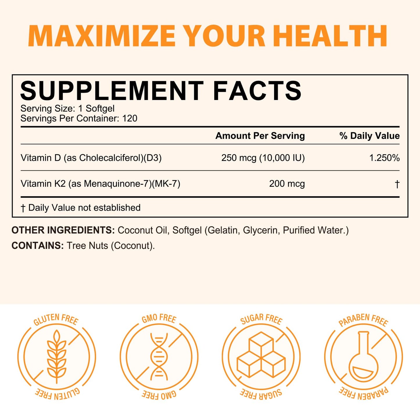 Flasture Vitamin D3 K2 Capsule, 10000 IU D3 + 200 mcg K2 (MK-7), 120 Capsules