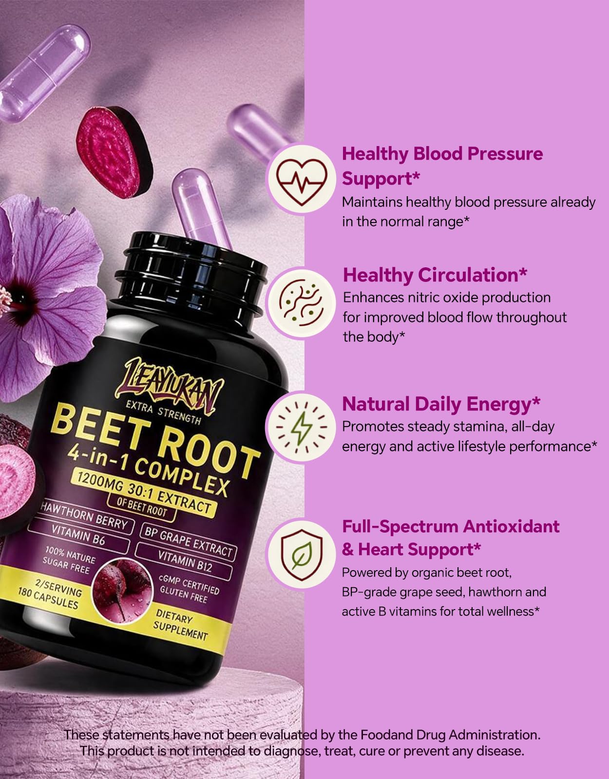LEAYIUKAN Beet Root, 1200mg 30:1 Extract, Grape Seed & Hawthorn, 180 Capsules
