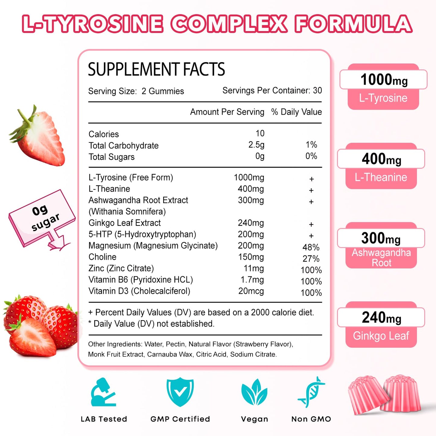 Zetelixia L-Tyrosine Gummies 10-in-1 L-Tyrosine Supplement with L-Theanine, B6 & D3, Strawberry Flavor, 120 Gummies