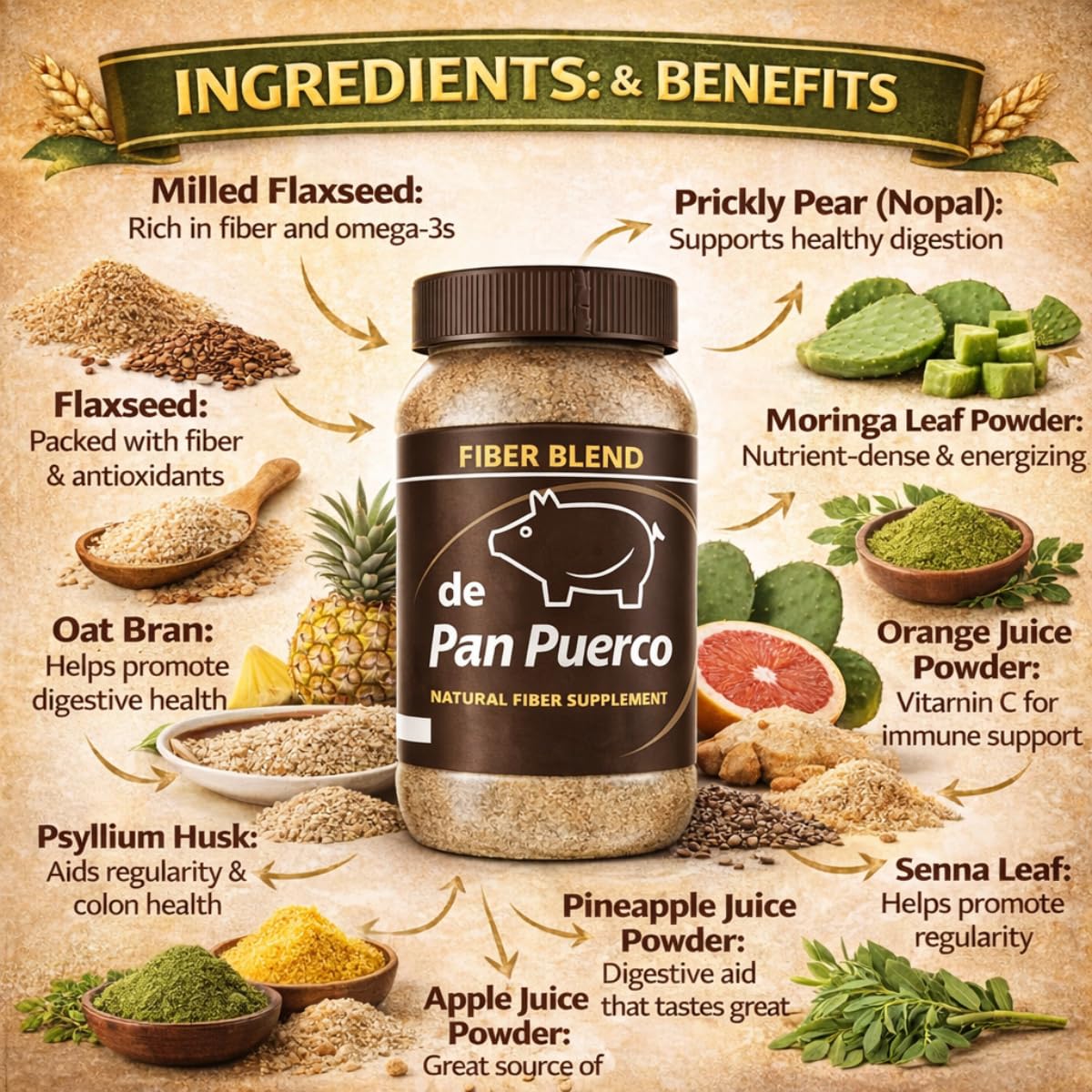 HERBALISTA Fibra de Pan Puerco Daily Fiber Powder, 10 oz
