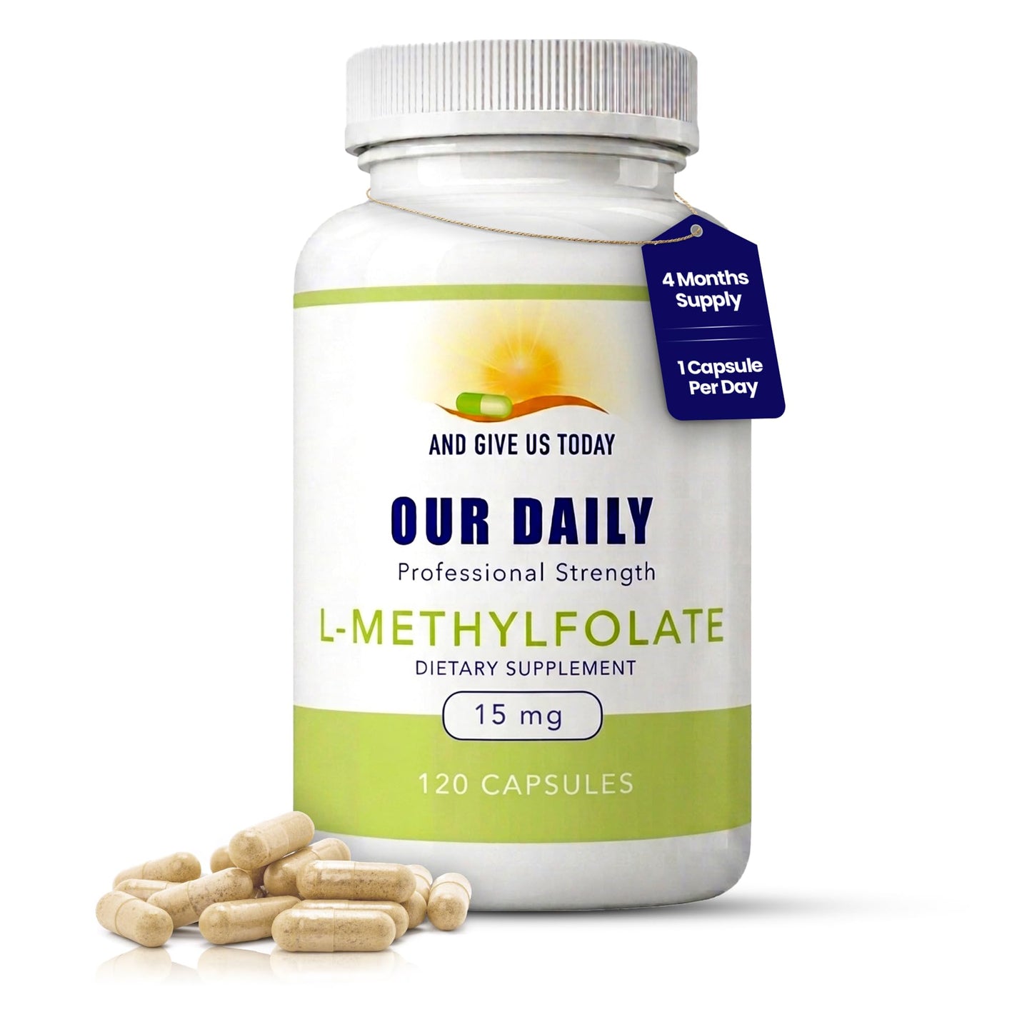 AND GIVE US TODAY OUR DAILY Our Daily Vites L Methylfolate 15mg – Active 5-MTHF Methylated Folate Supplement for Women & Men – Methyl Folate for Brain Health, Focus & Mood Support – Gluten Free, Non-GMO, 120 Capsules
