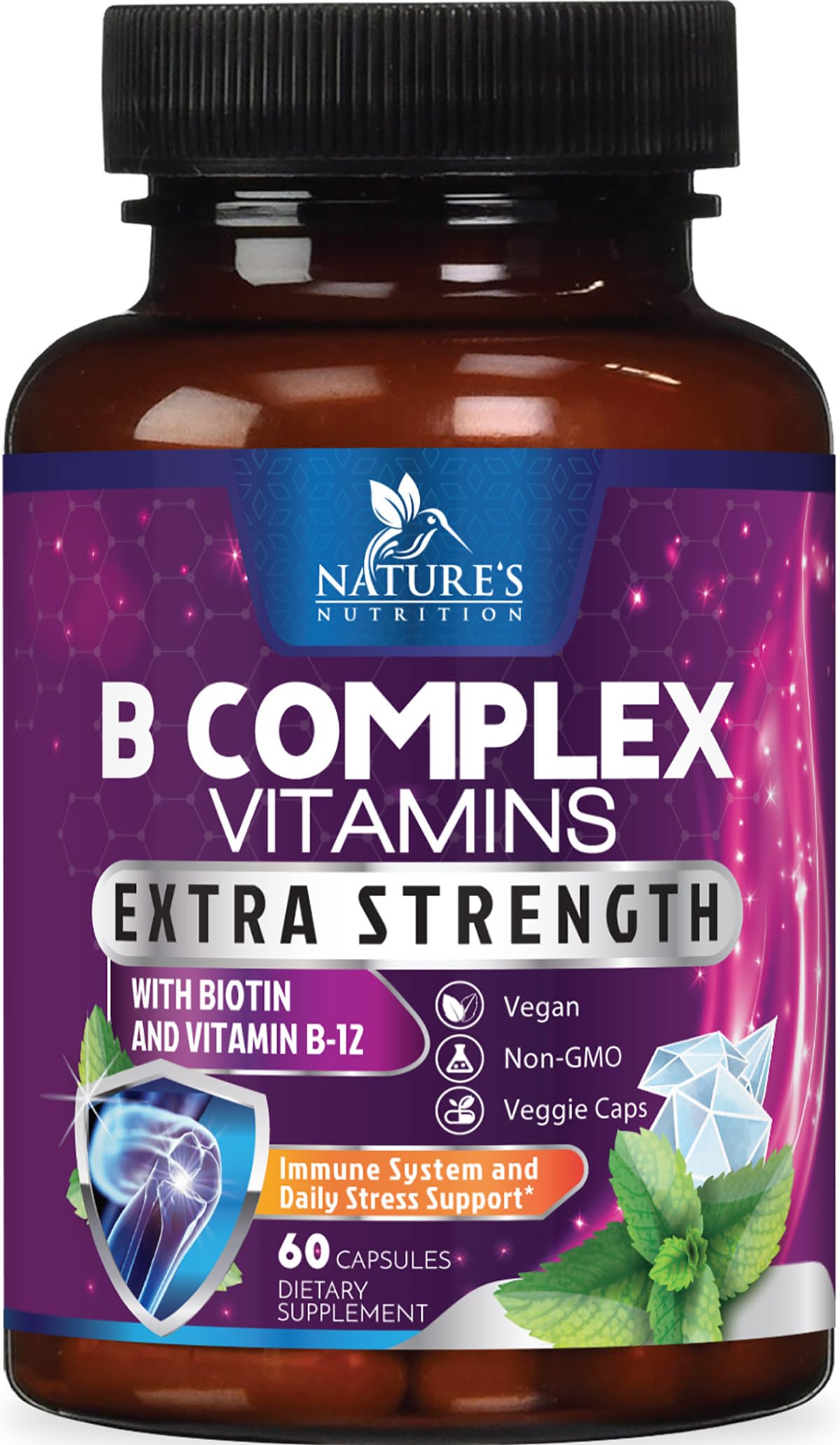 Nature's Nutrition B Complex Vitamins Capsules - B-100 Complex with B12, B6, C, Biotin, Folate & Folic Acid for Immune & Energy Support, Heart, Brain & Nerve Support, 60 Capsules