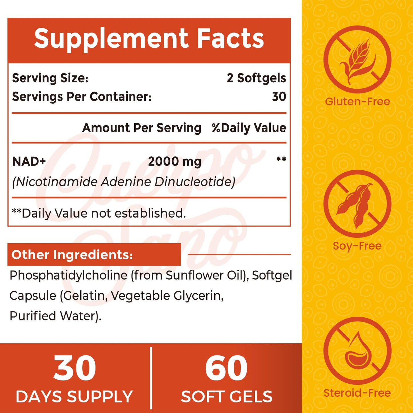 Cuerpo Sano NAD+ Supplement 2000 mg Liposomal NAD+ with High Absorption Softgels, 60 Count