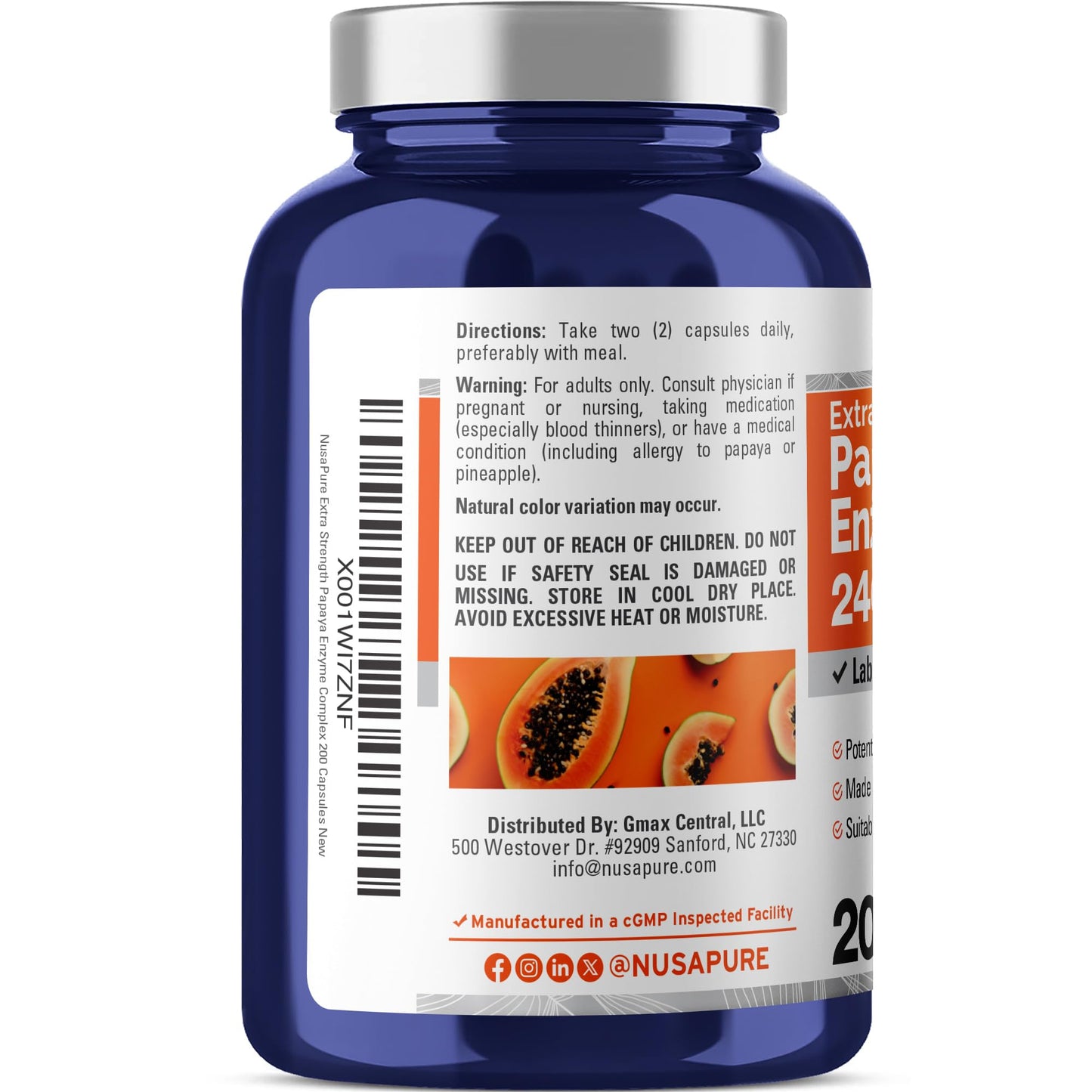 NusaPure Papaya Papain Enzyme Complex 240,000 PU Capsules, 200 Count