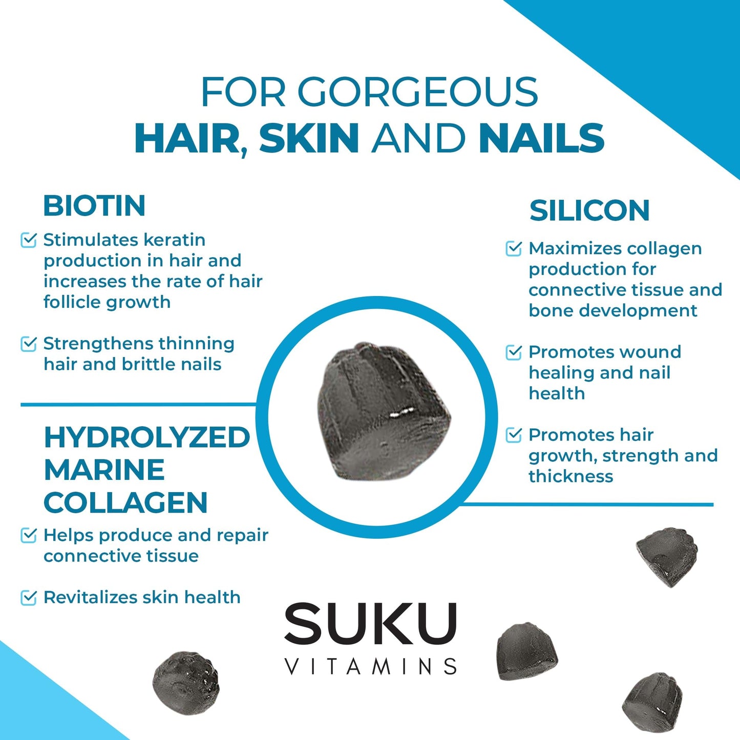 SUKU Luscious Hair Silicon Biotin and Hydrolyzed Marine Collagen Gummies for Skin, Hair & Nails - Blueberry Flavor - 50 Count