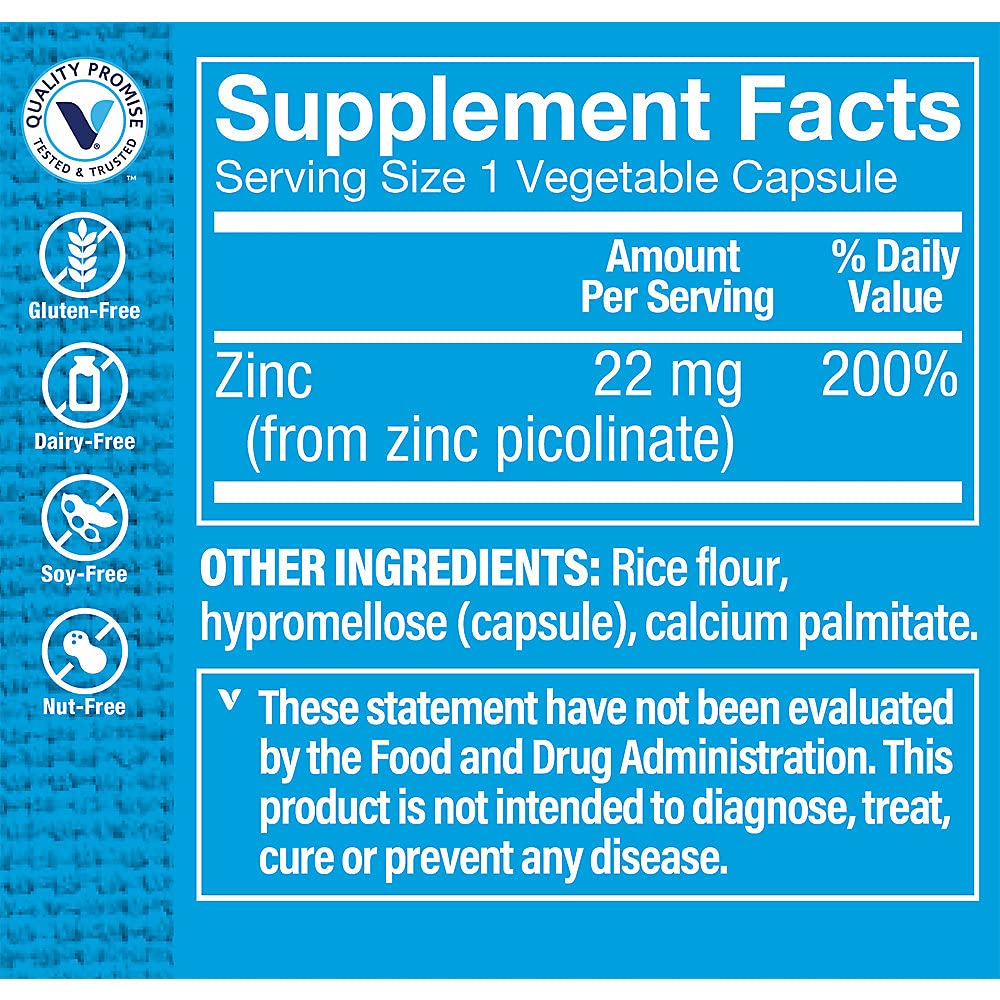The Vitamin Shoppe Zinc Picolinate Vegetarian Capsules 100 Capsules