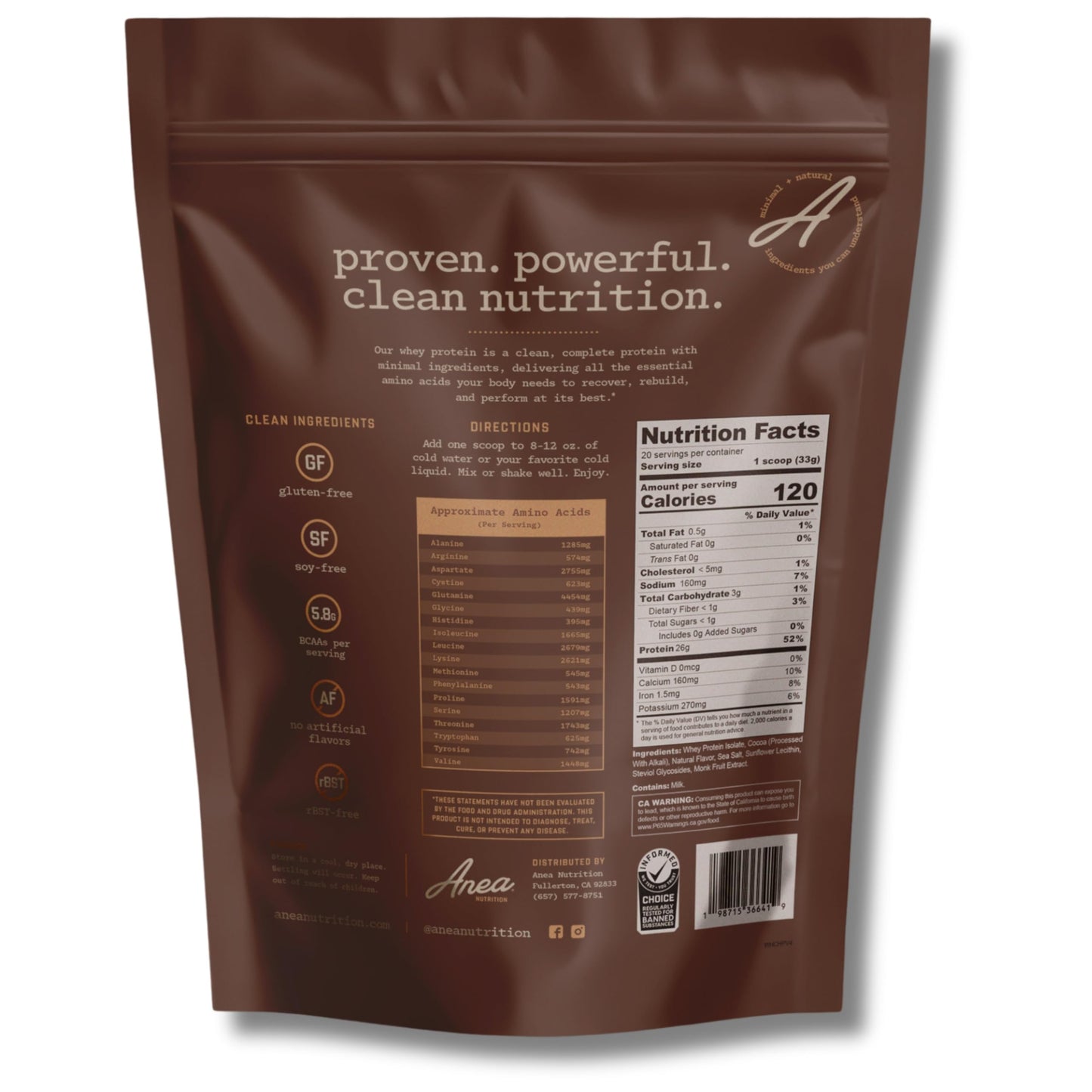 Anea Nutrition Whey Protein Isolate Powder, Chocolate, 1.47 lb