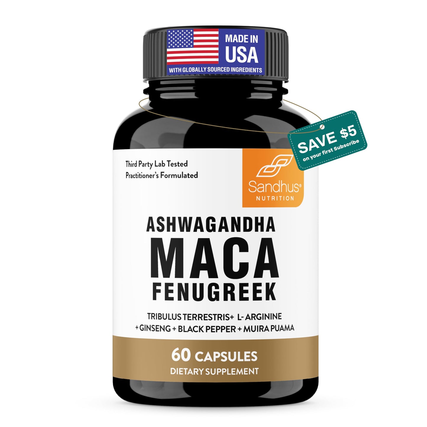 Sandhu's Maca Root, Fenugreek with Ashwagandha, L-Arginine, Ginseng & Muira Puama Capsules, 60 Count