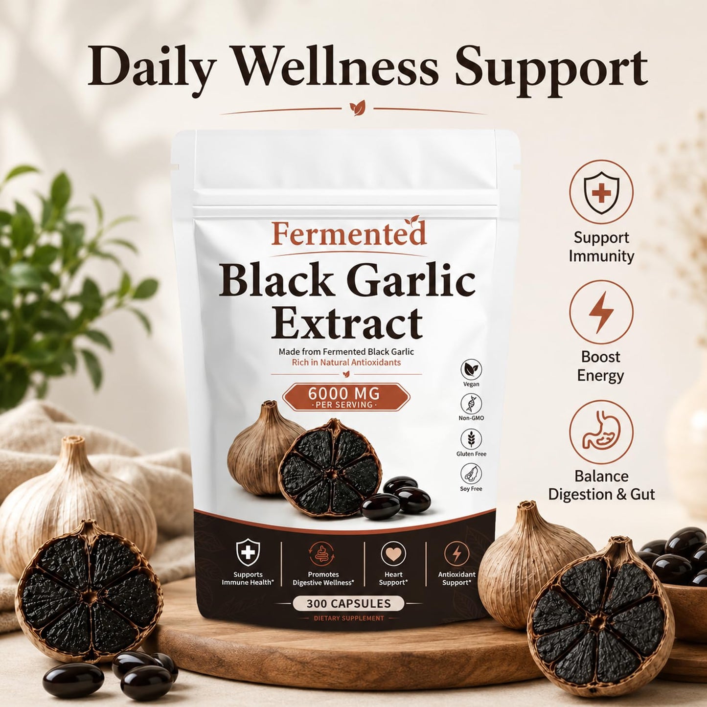 Lkdsoaf Fermented Black Garlic Extract Softgels, 300 Capsules