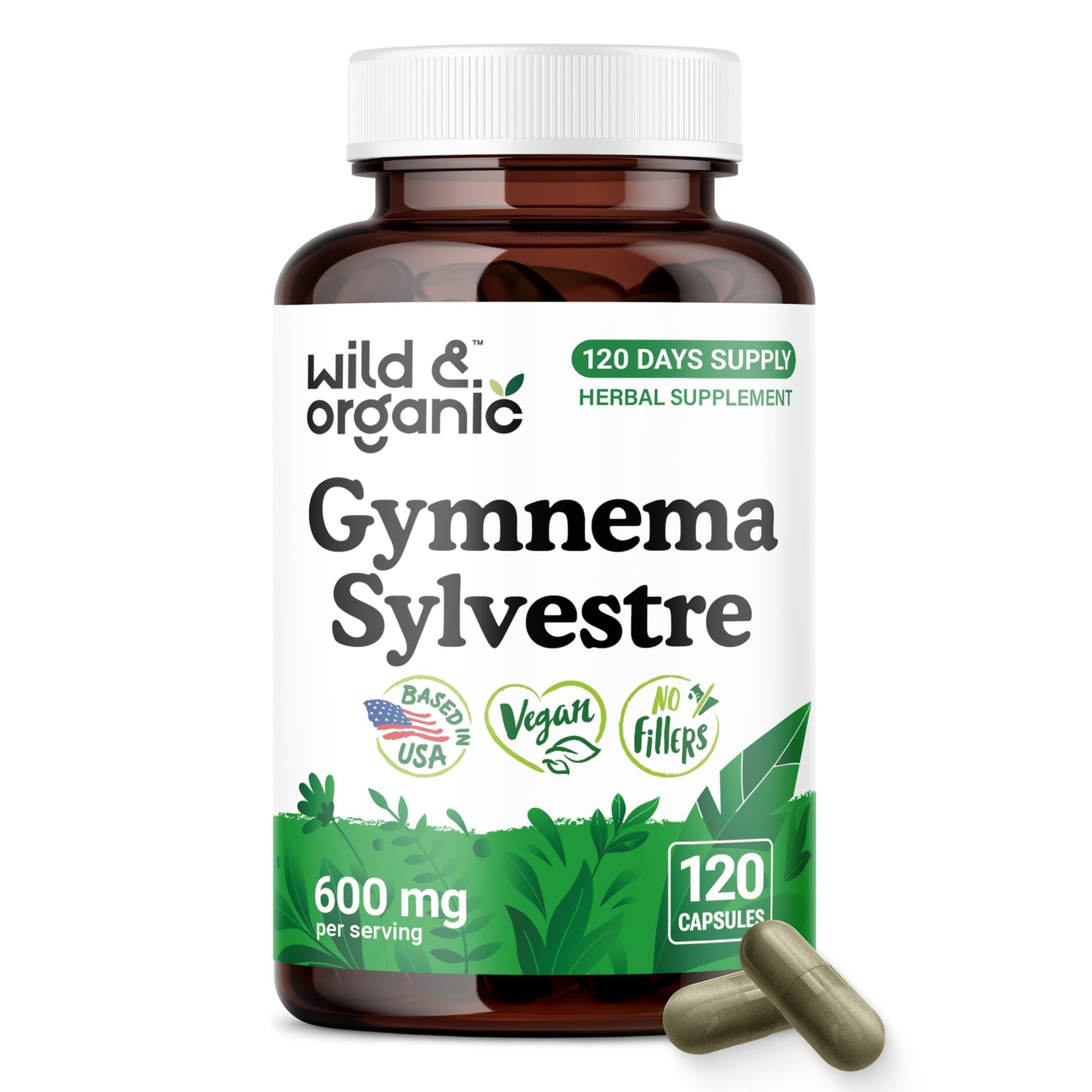 Wild & Organic Gymnema Sylvestre Capsules 600 mg, 120 Count