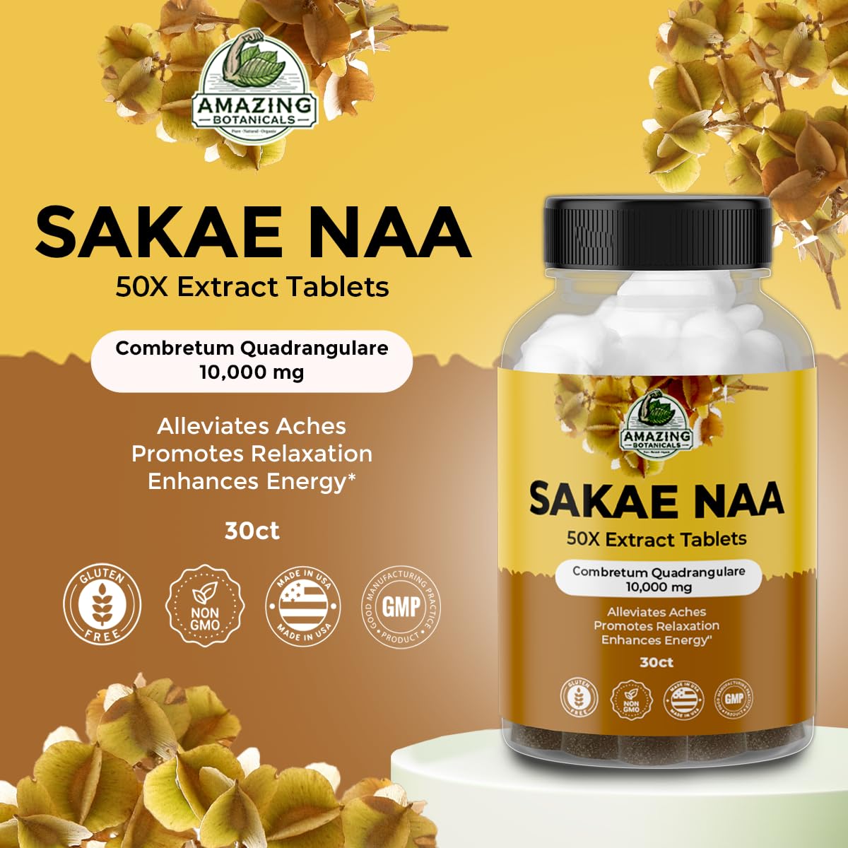 Amazing Botanicals Sakae Naa 50X Extract Tablets High Potency 200mg per Serving Combretum Quadrangulare Promotes Relaxation, Calmness & Focus, 30 Count