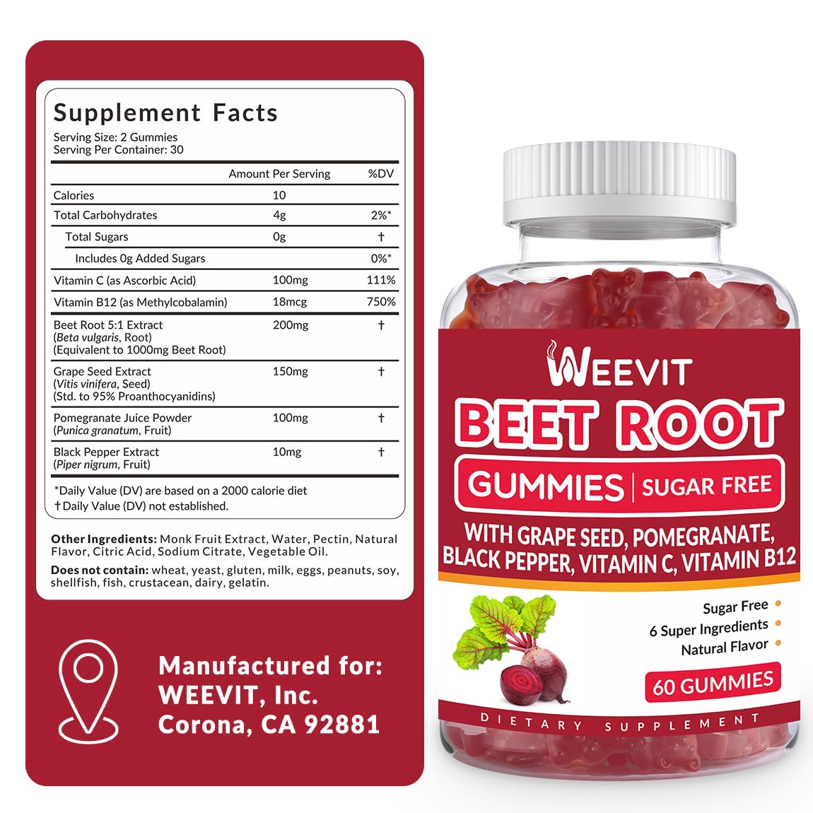 WEEVIT Beet Root Gummies Nitric Oxide Supplement for Men and Women 120 Count