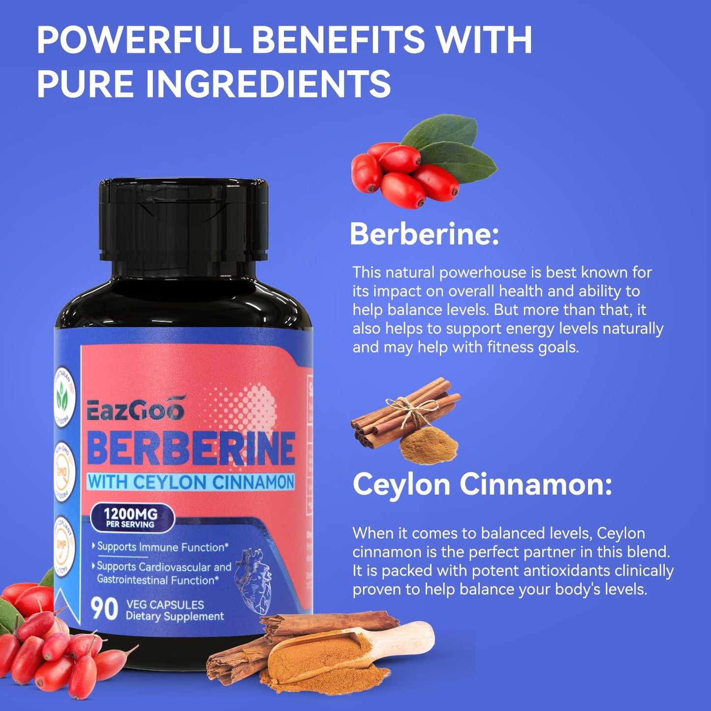 EAZGOO Premium Berberine Supplement 1200mg with Ceylon Cinnamon, 90 Capsules