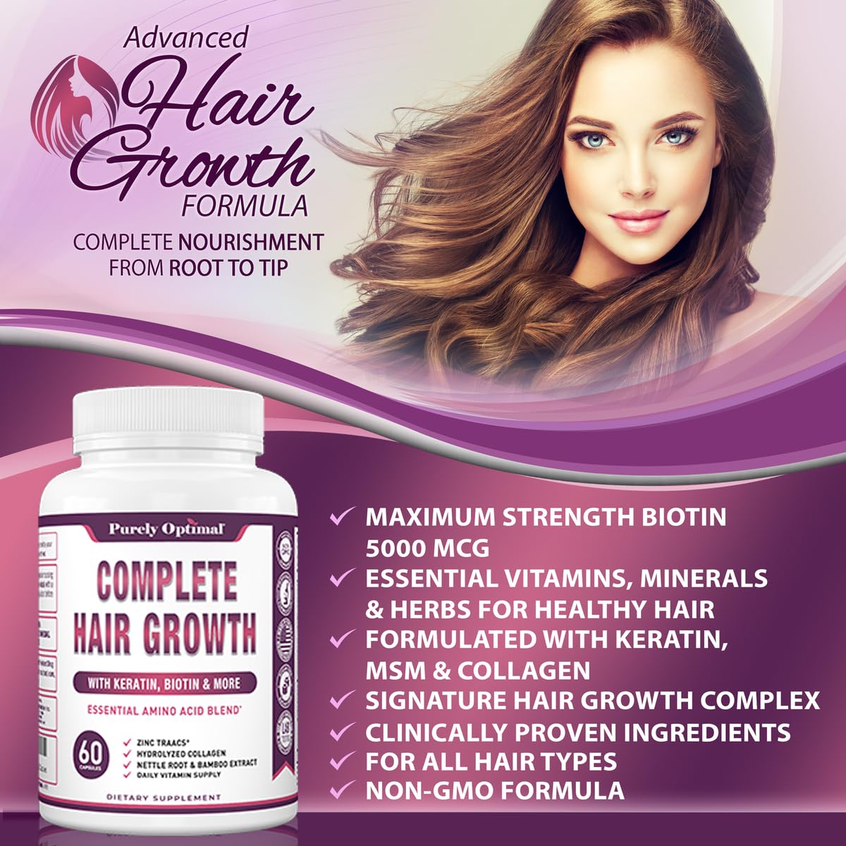 Purely Optimal Hair Growth Vitamins, 60 Capsules