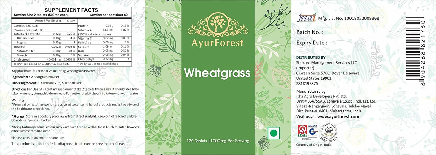 AYURFOREST Wheatgrass Tablets 500 mg, 120 Tablets