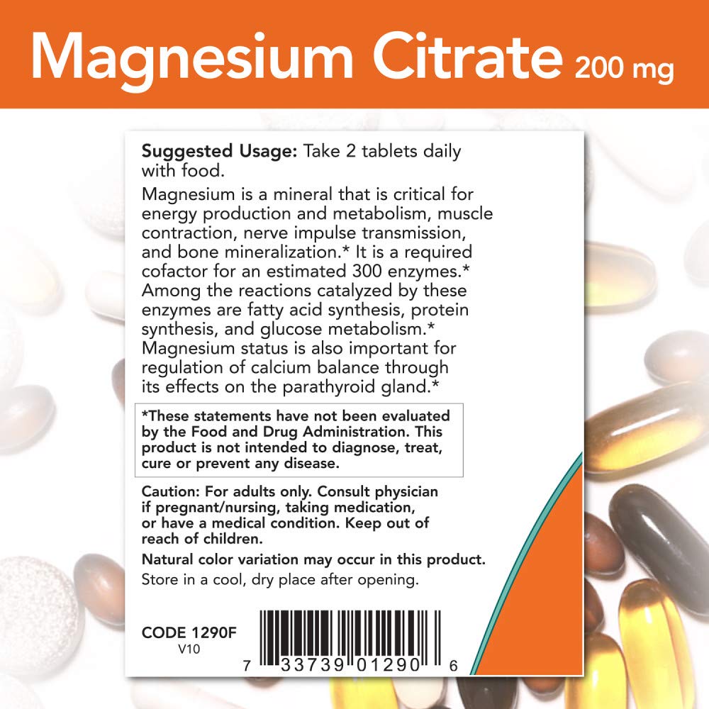 NOW Foods Magnesium Citrate 200 mg Tablet, 100 Count