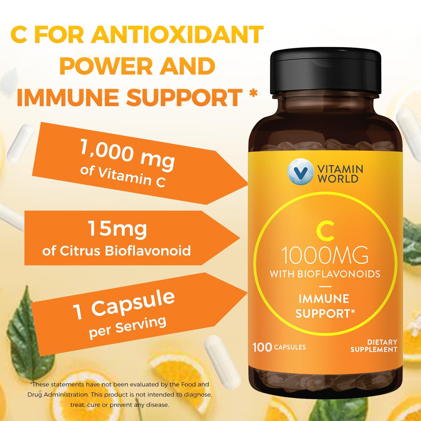 Vitamin World Vitamin C 1000 mg with Bioflavonoids, Immune Support, Antioxidant Protection, Vitamin C Supplement for Collagen Production, Bone & Skin Health, Gluten Free, 100 Capsules