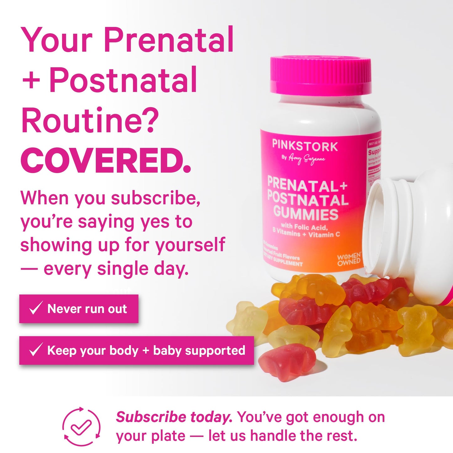 Pink Stork Fertility + Prenatal + Postnatal Gummy Vitamins – Full Motherhood Journey Support – Multivitamin with Folate, B Vitamins, Zinc & Biotin – Postpartum Essentials, 60 Gummies