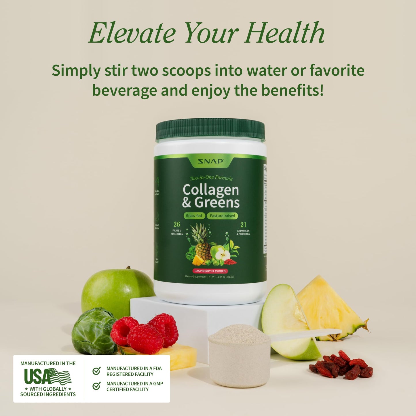 Snap Supplements Super Greens Powder with Collagen Peptides, 11.34 oz