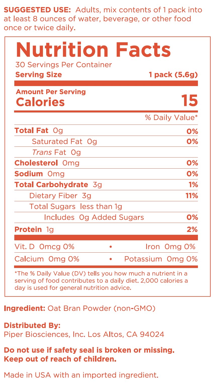 Piper Biosciences Oat Beta Glucan Fiber Powder, 30 Packets