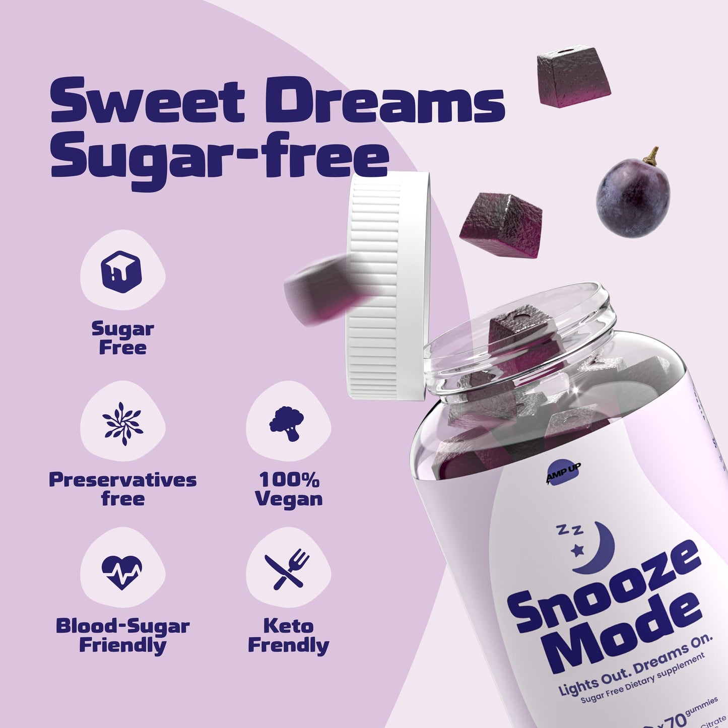 AmpUp Sleep Melatonin Sugar Free Gummies 5mg Melatonin with Magnesium, L-Theanine & Vitamin B6, Nighttime Sleep Support, Vegetarian, Natural Grape Flavor, 140 Gummies