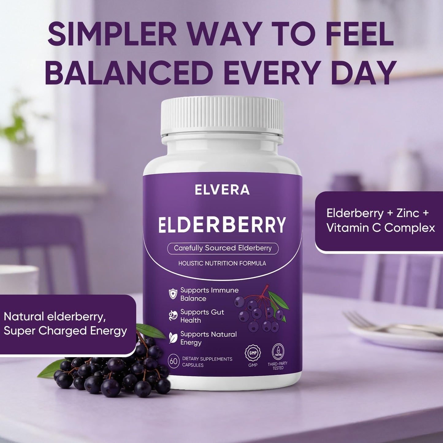 Awjsde Elvera Elderberry Gut Support Complex with Zinc & Vitamin C Soft Capsules, 60 Capsules