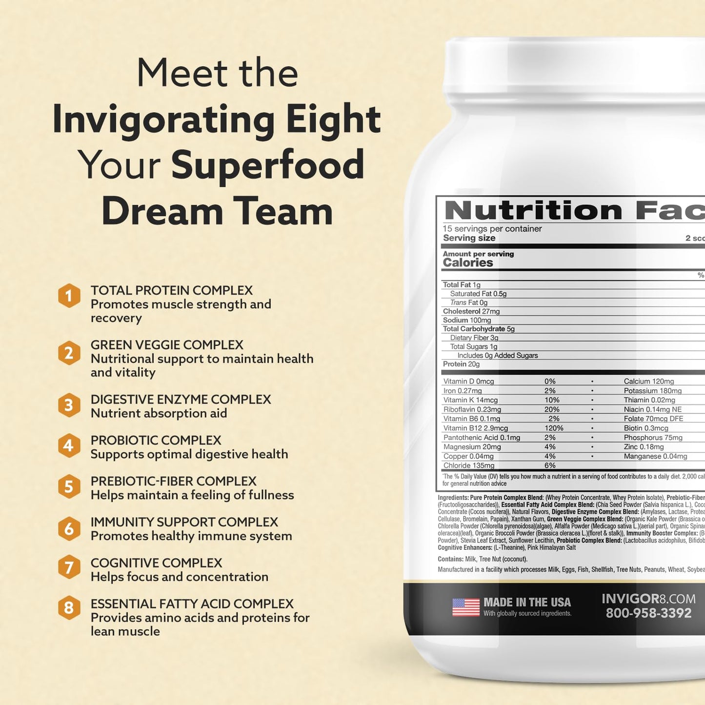 INVIGOR8 Superfood Grass Fed Whey Protein Isolate Powder Himalayan Salted Caramel Gluten-Free and Non-GMO Meal Replacement with Probiotics and Omega-3 22.75 oz
