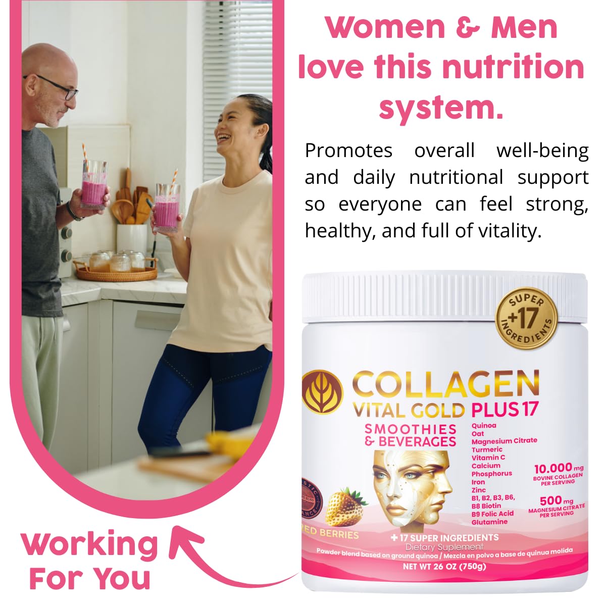 Gold Vital Life Collagen Peptides - Hydrolyzed Collagen with +17 Super Ingredients Powder, 26 Servings