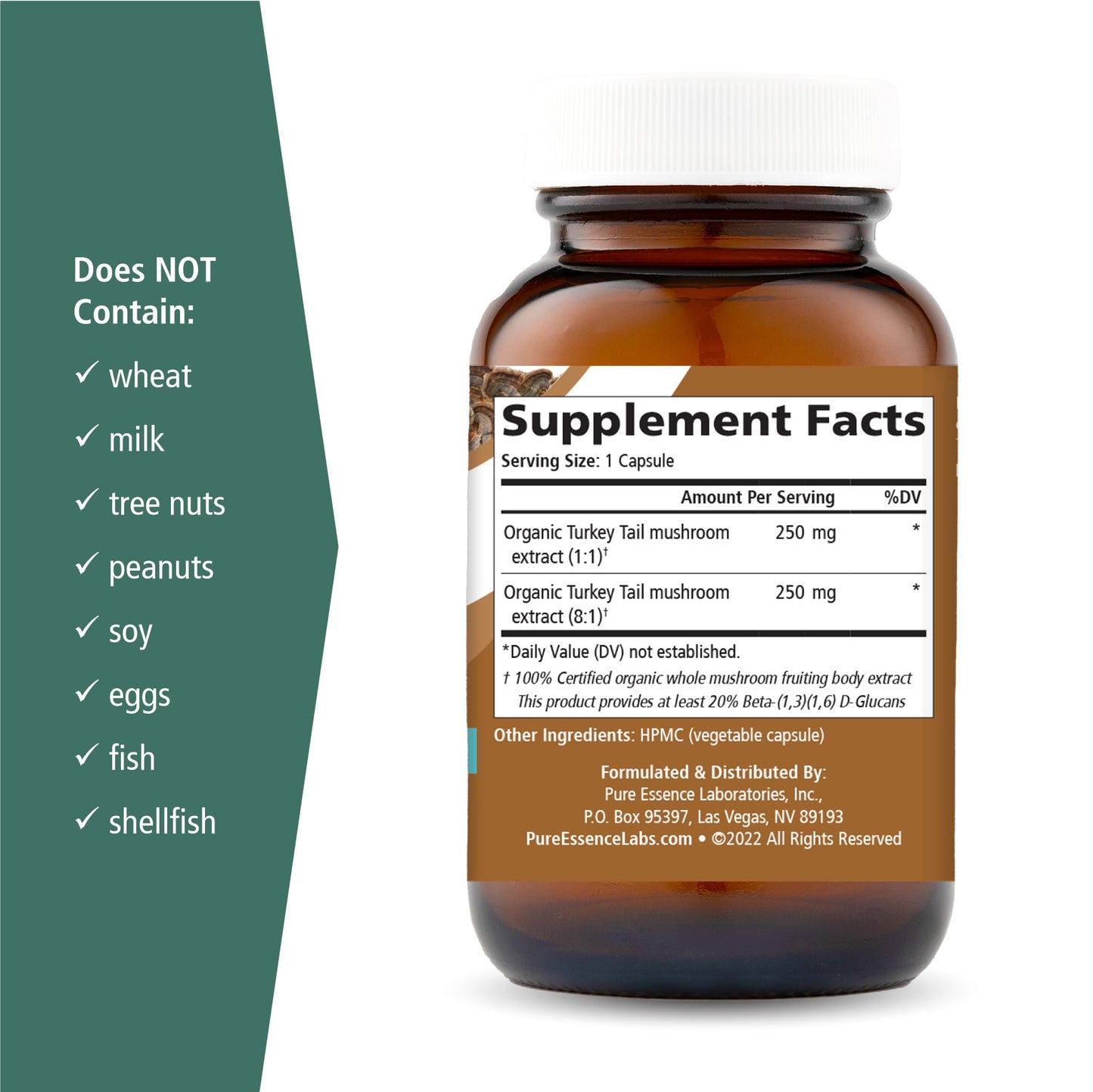 PURE ESSENCE LABS Organic Turkey Tail 4X Mushroom Extract Capsules, 30 Count