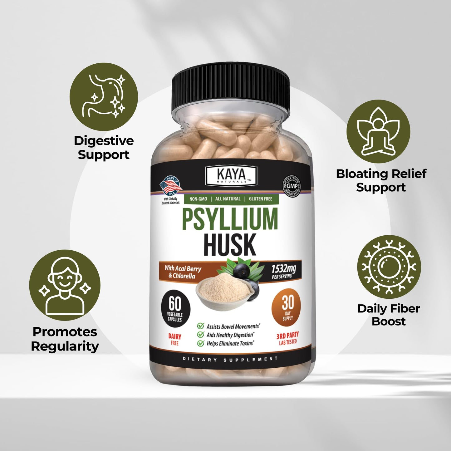 Kaya Naturals Psyllium Husk Capsules, 60 Capsules