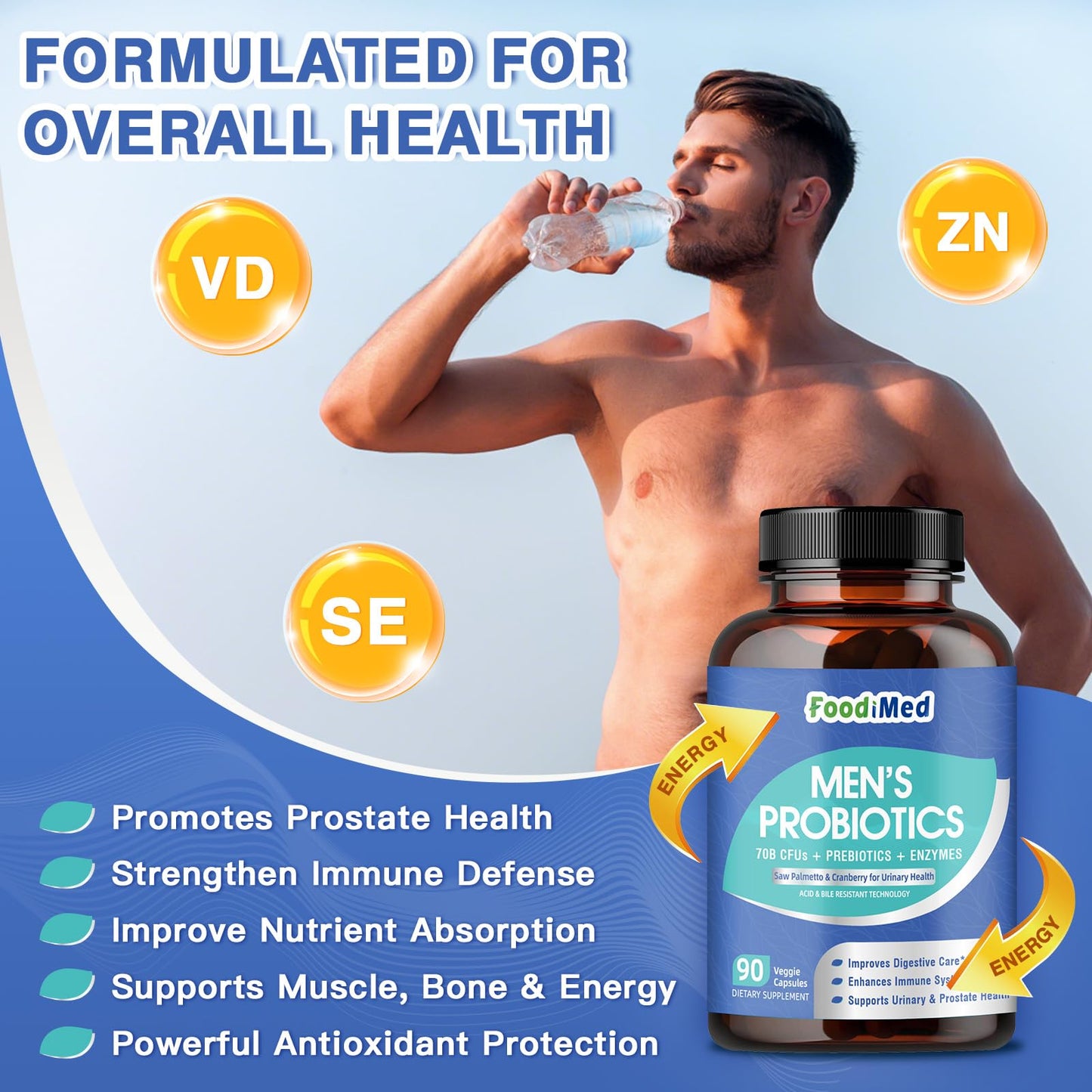 FoodiMed Probiotics for Men Digestive Health with 70 Billion CFUs, Enzymes, Prebiotics & Saw Palmetto Capsule, 90 Count