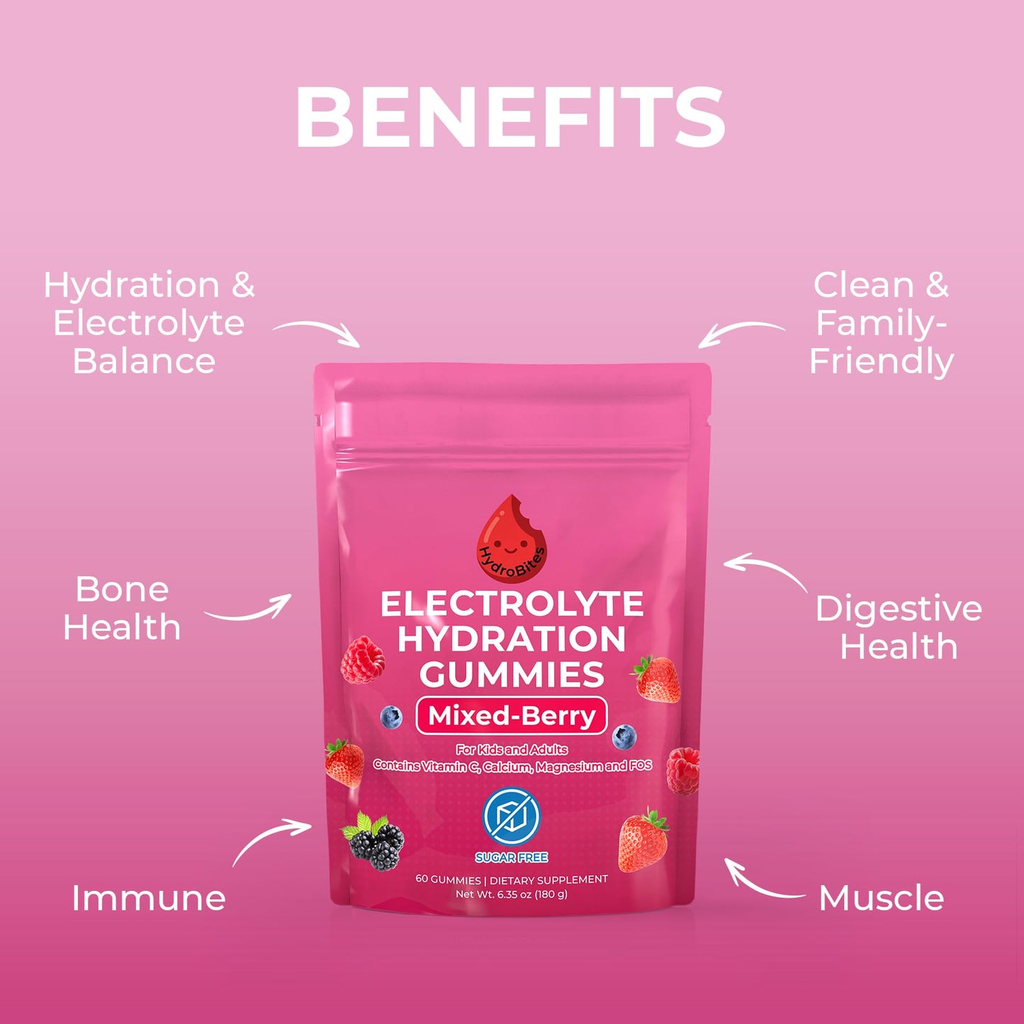HydroBites Sugar Free Electrolyte Gummies, Mixed Berry, Vegan, 60 Count