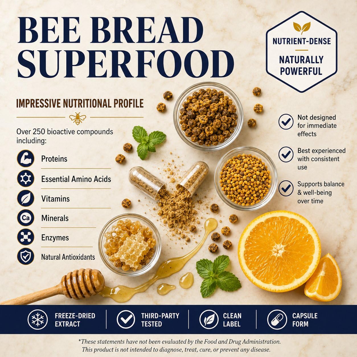 Sun Vitals Bee Bread Extract with Natural Vitamin C Capsules 30 Count