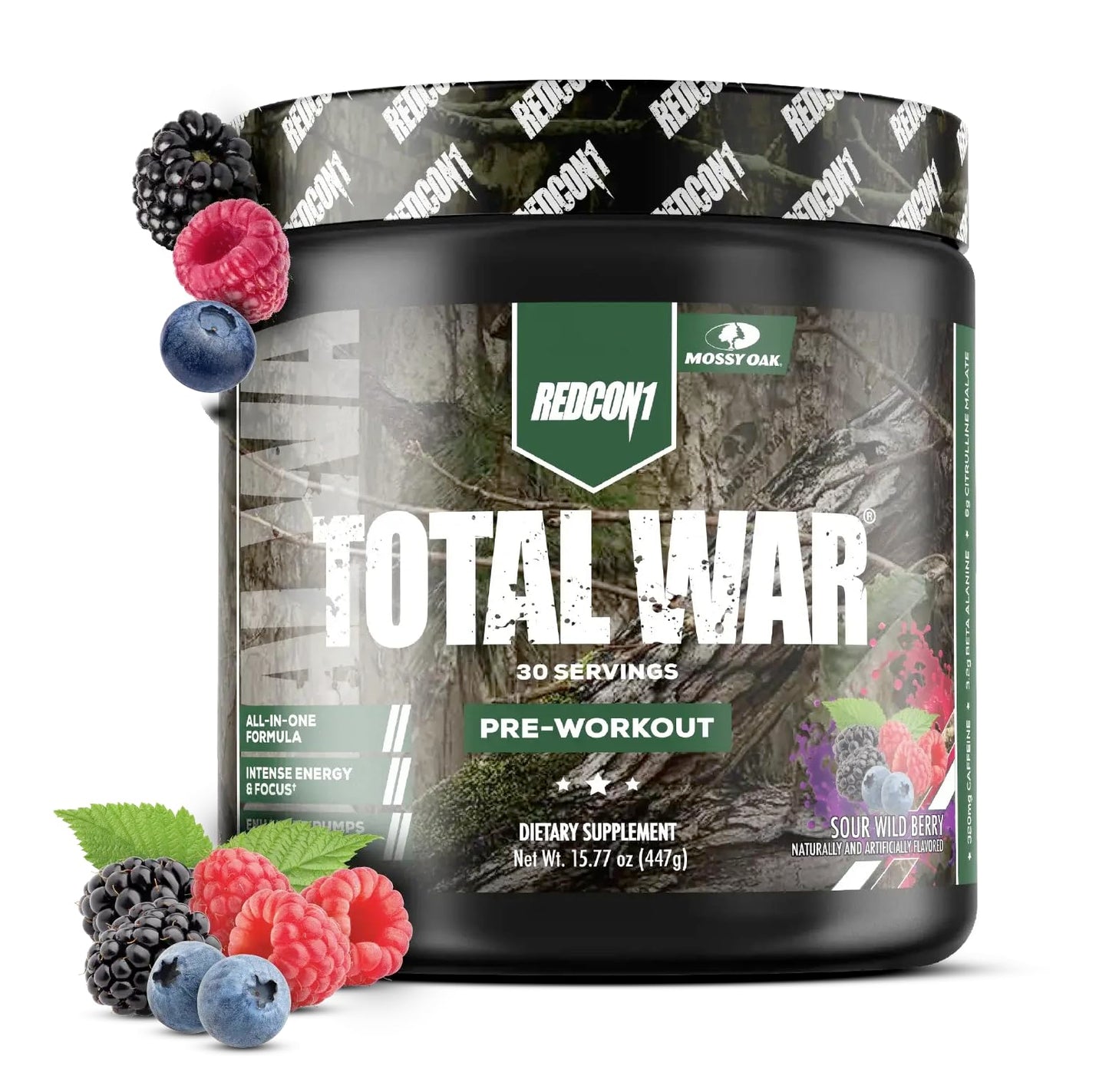 REDCON1 x Mossy Oak Total War Pre Workout Powder Sour Wild Berry, 15.7 Ounce