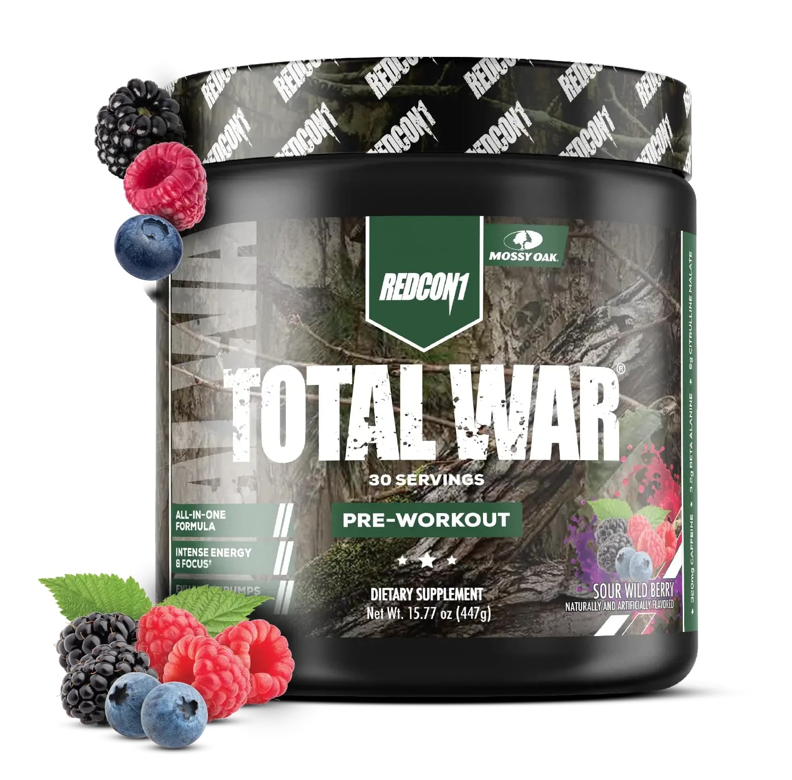 REDCON1 x Mossy Oak Total War Pre Workout Powder Sour Wild Berry, 15.7 Ounce