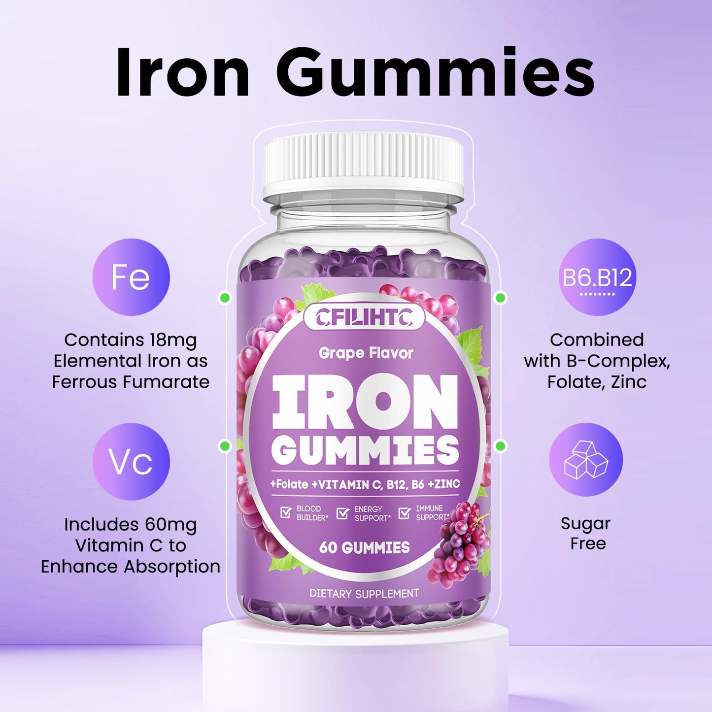CFILIHTC Iron Gummies with Vitamin B6, B12, C, Zinc, Folate 60 Count