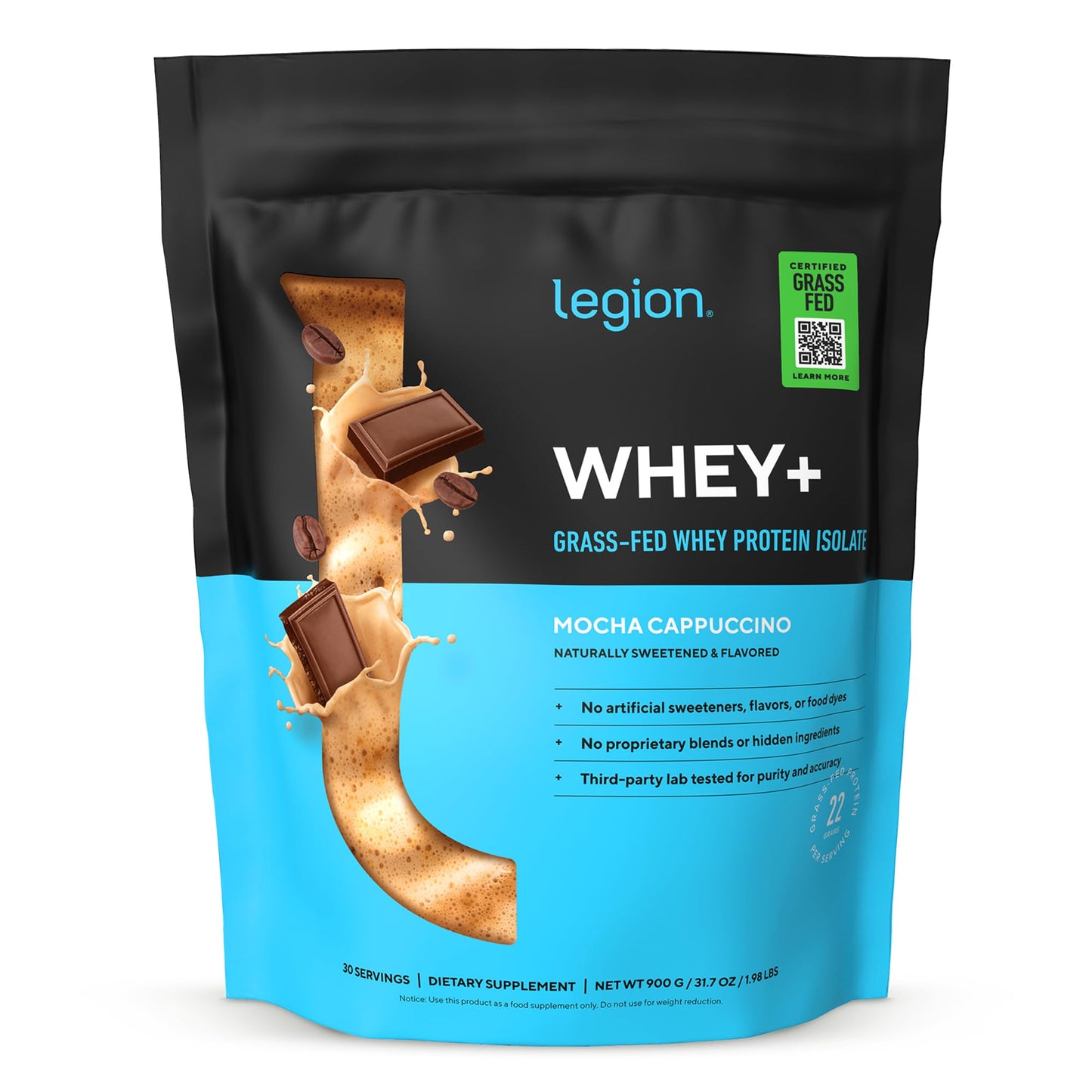 LEGION Whey+ Protein Whey Isolate from Grass-Fed Cows, Mocha Cappuccino, Powder, 30 Servings