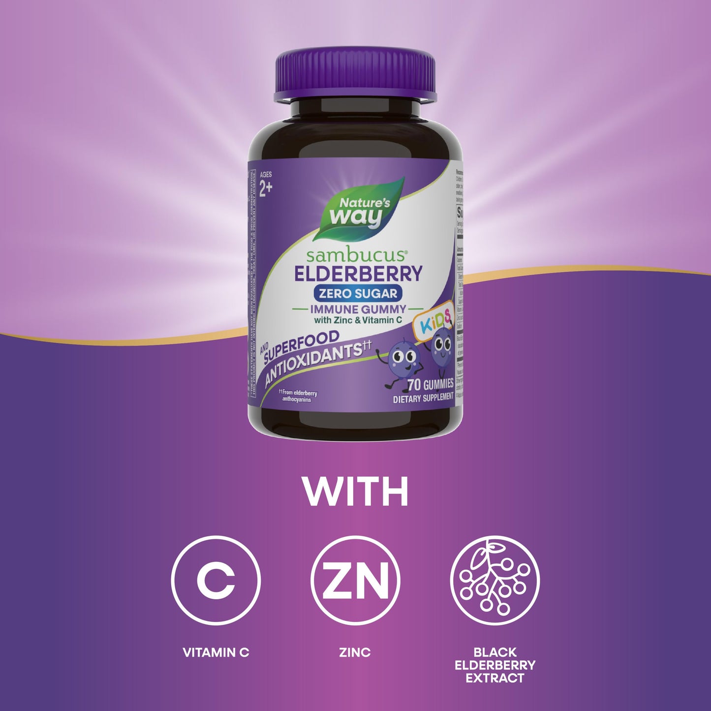 Nature's Way Sambucus Kids Zero Sugar Elderberry Immune Gummies, 70 ct