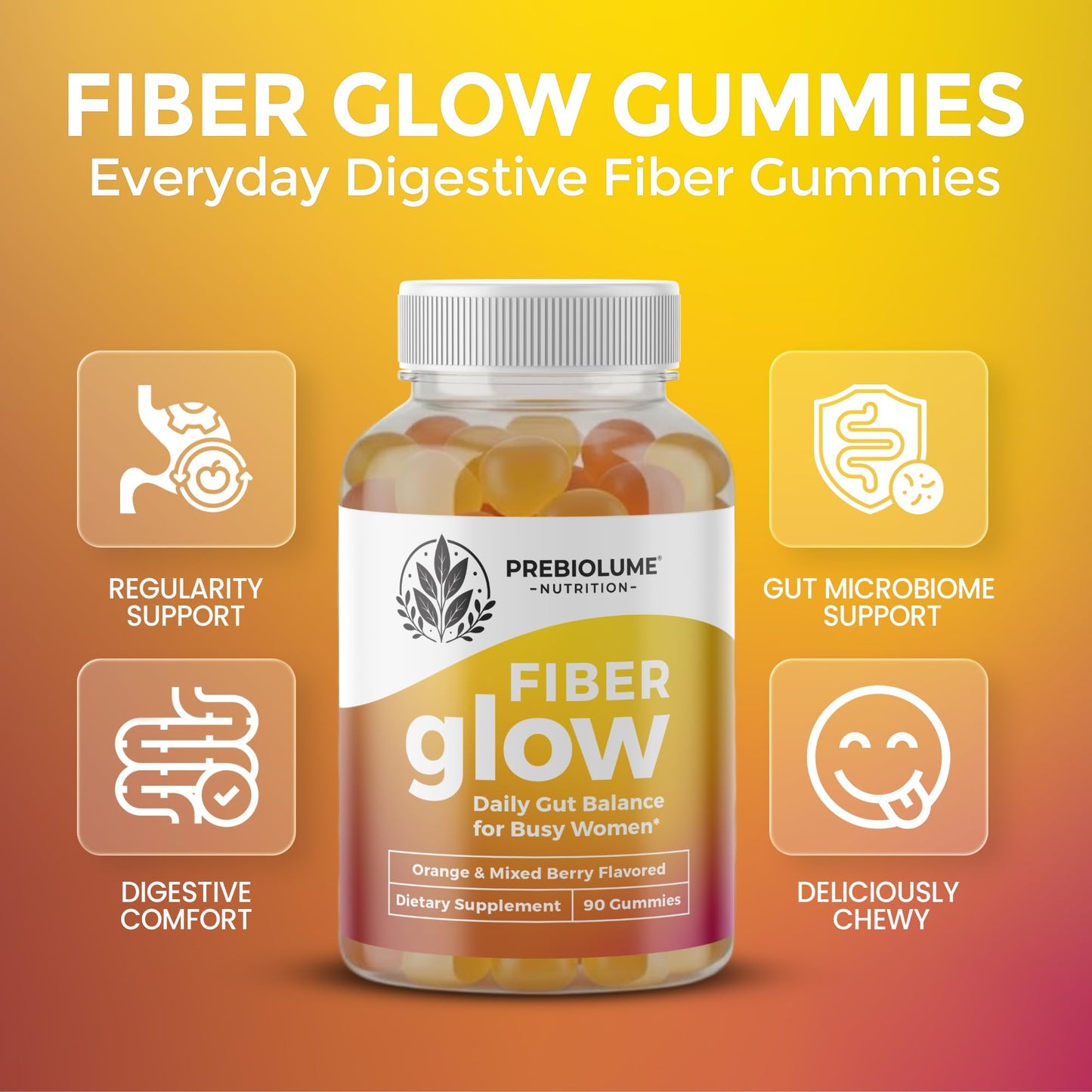 Prebiolume Fiber Capsules for Adults – Prebiotic Chicory Root Inulin, Orange & Mixed Berry Flavor, Vegetarian, 90 Capsules