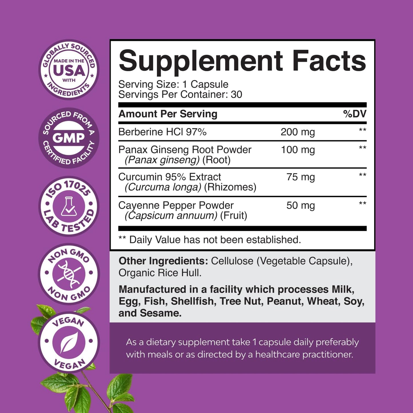 Natures Craft GLP-1 Berberine Supplement - One a Day Healthy Gut Berberine Complex with Panax Ginseng Turmeric Curcumin & Cayenne Pepper for Metabolic Balance, 60 Capsules