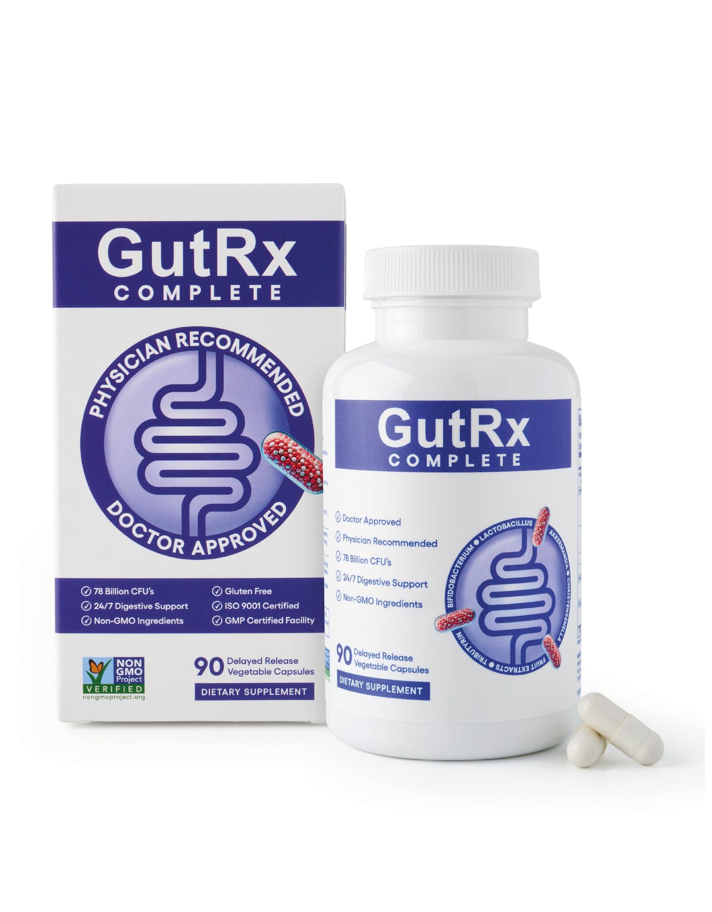 GutRx Complete Probiotic, Prebiotic, Postbiotic, GLP-1 Alternative with Akkermansia & Christensenella for Gas, Bloating, Gut Barrier & Microbiome Support – 78 Billion CFU – Enteric-Coated – 90 Capsules