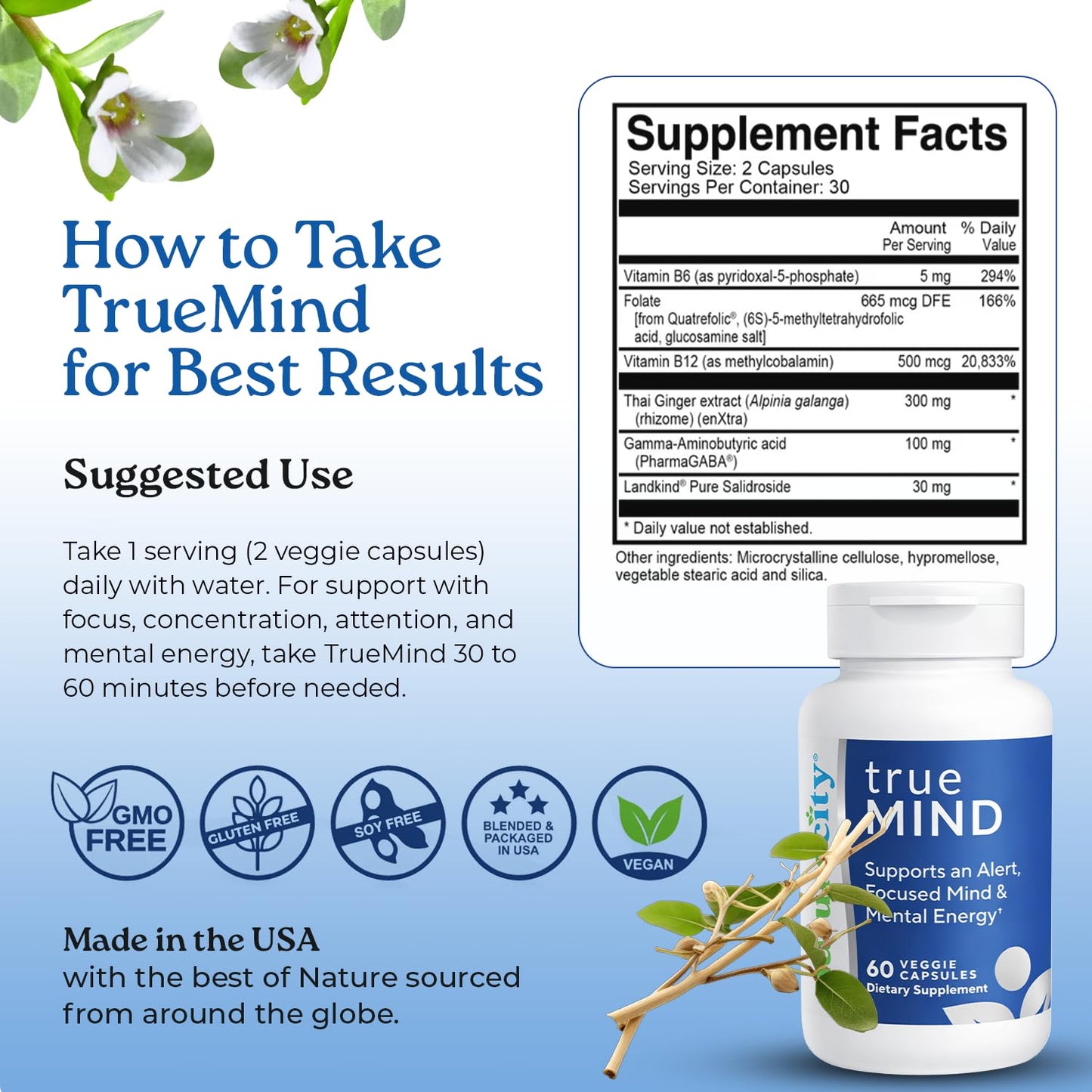 NatureCity True-Mind Focus, Alertness & Stress Support Capsules, 60 Count