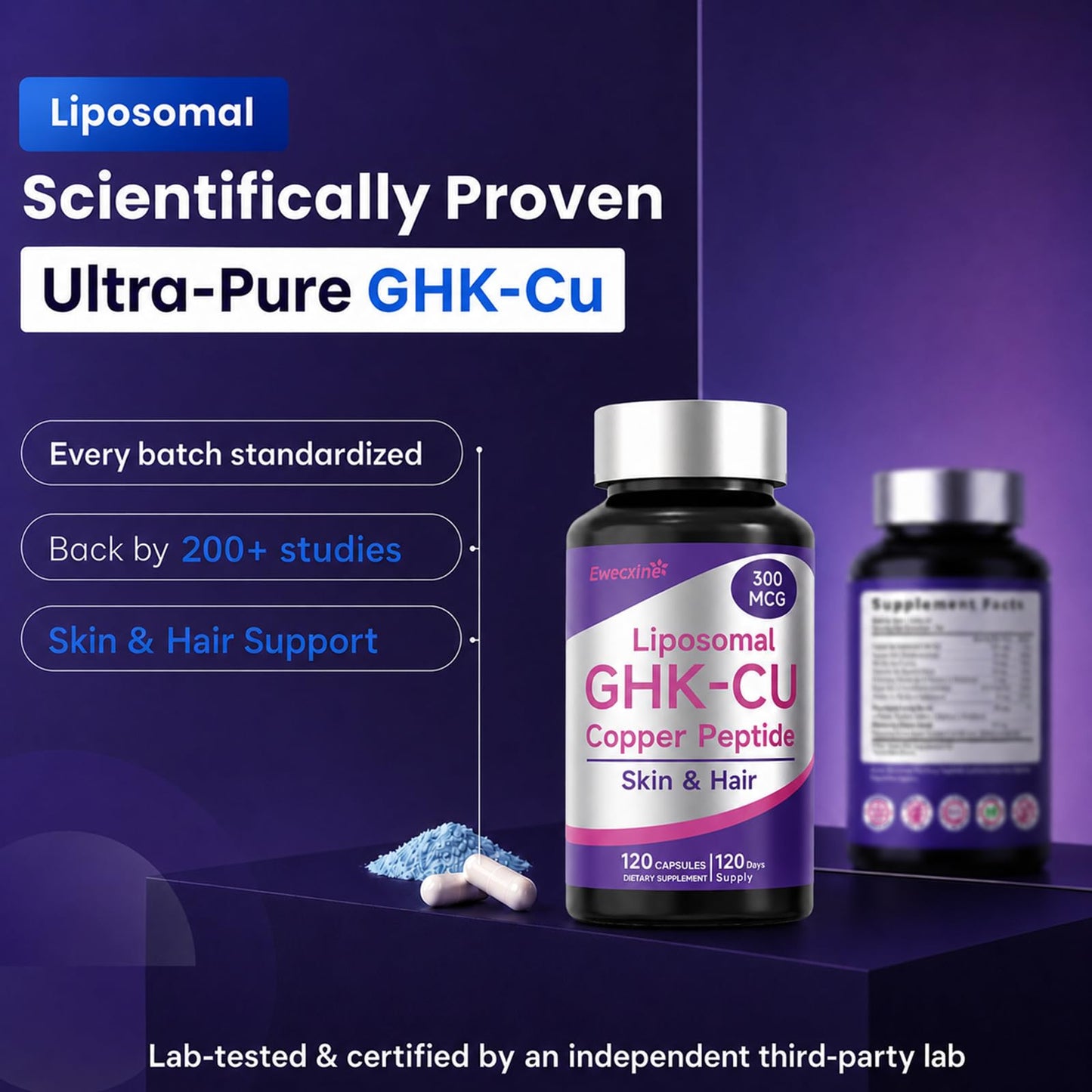 Ewecxine GHK-Cu Copper Peptide Supplement, 300 mcg per Serving, 120 Vegan Capsules