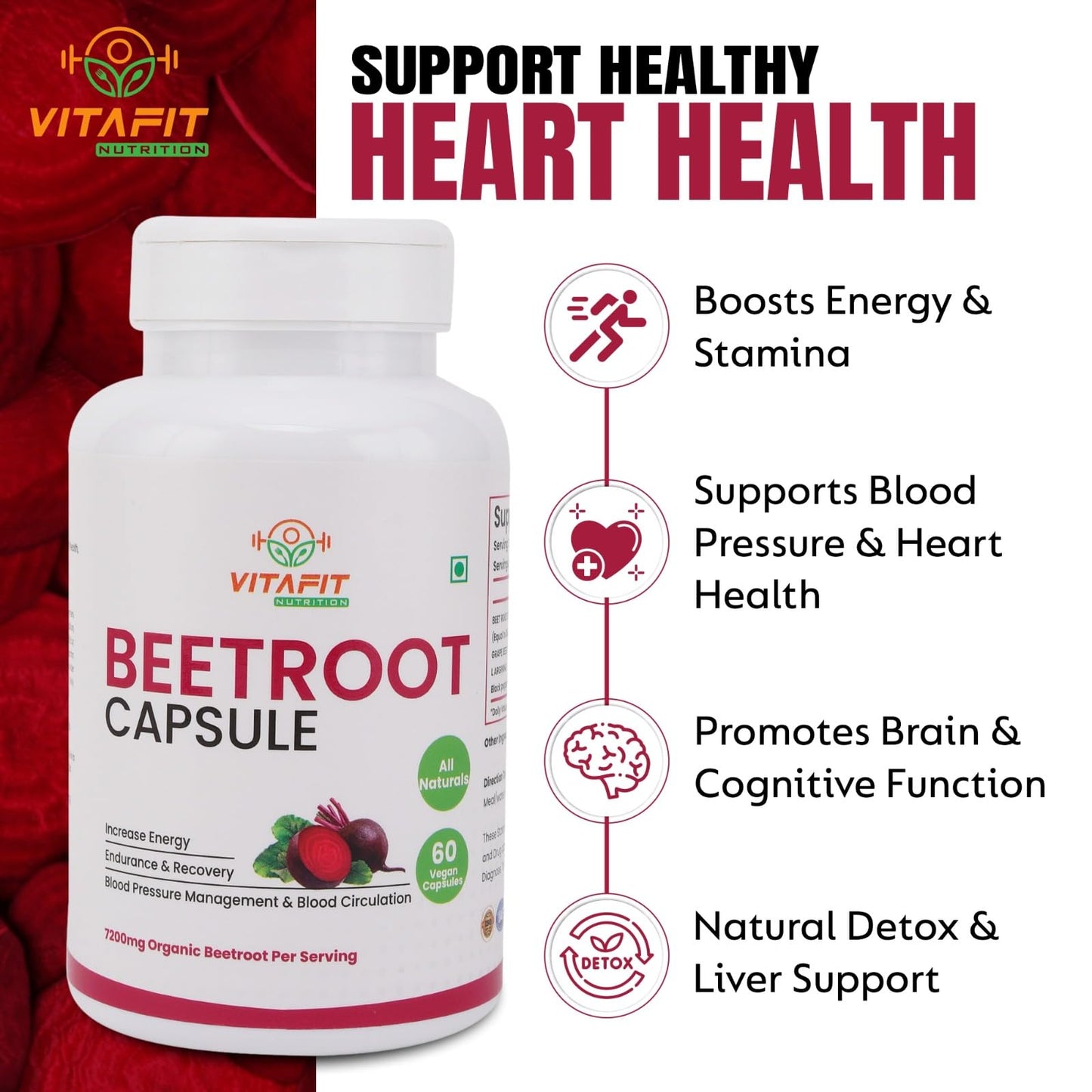 VITAFIT NUTRITION Beetroot Capsules 7200mg, 60 Capsules