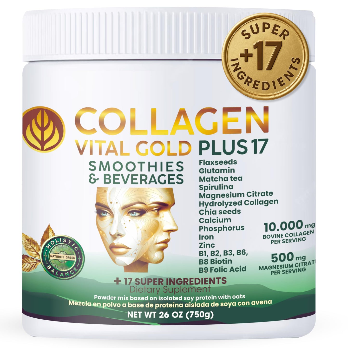 Gold Vital Life Collagen Peptides Powder - Hydrolyzed Collagen with +17 Super Ingredients, Mint & Lemon Flavor, 26 Servings