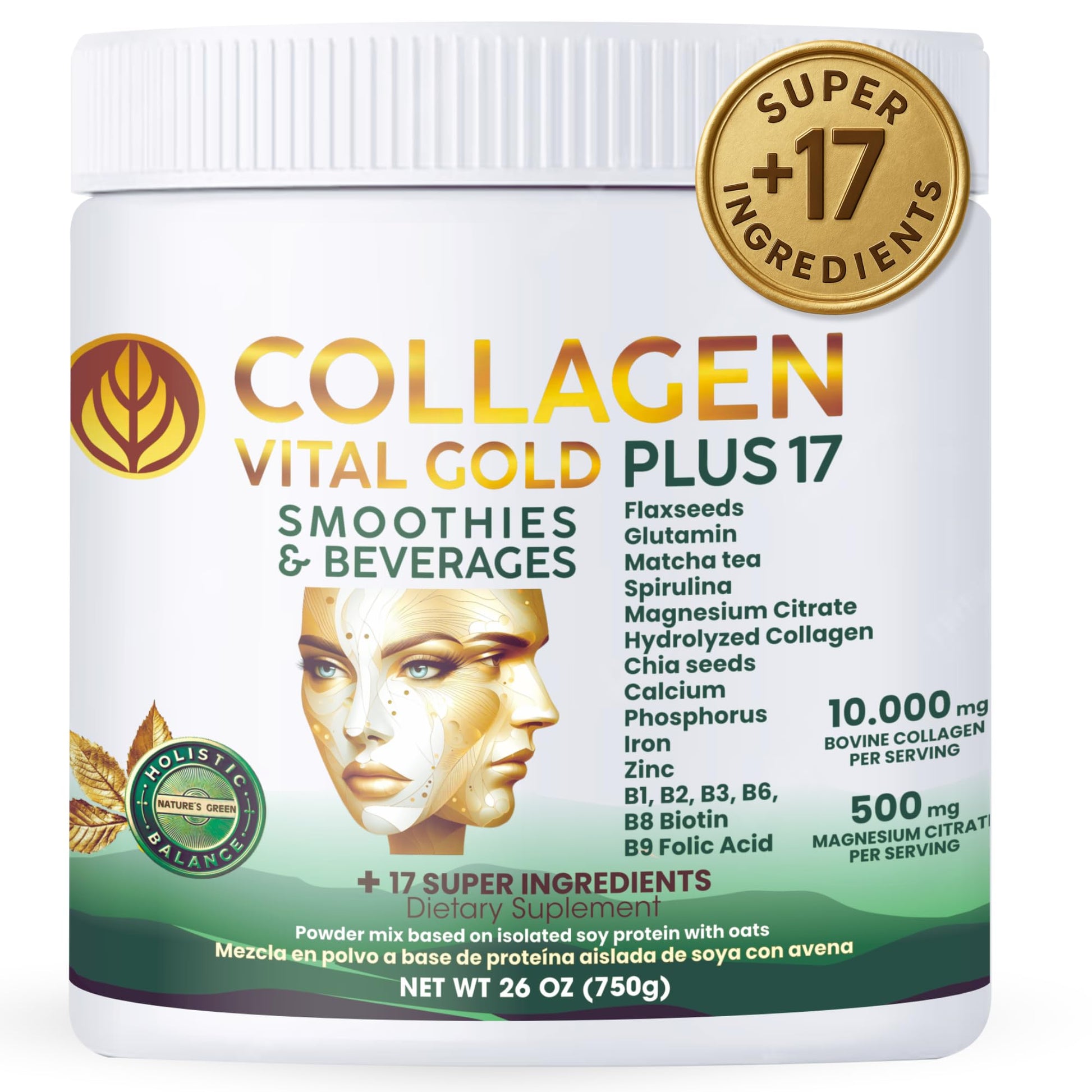 Gold Vital Life Collagen Peptides Powder - Hydrolyzed Collagen with +17 Super Ingredients, Mint & Lemon Flavor, 26 Servings